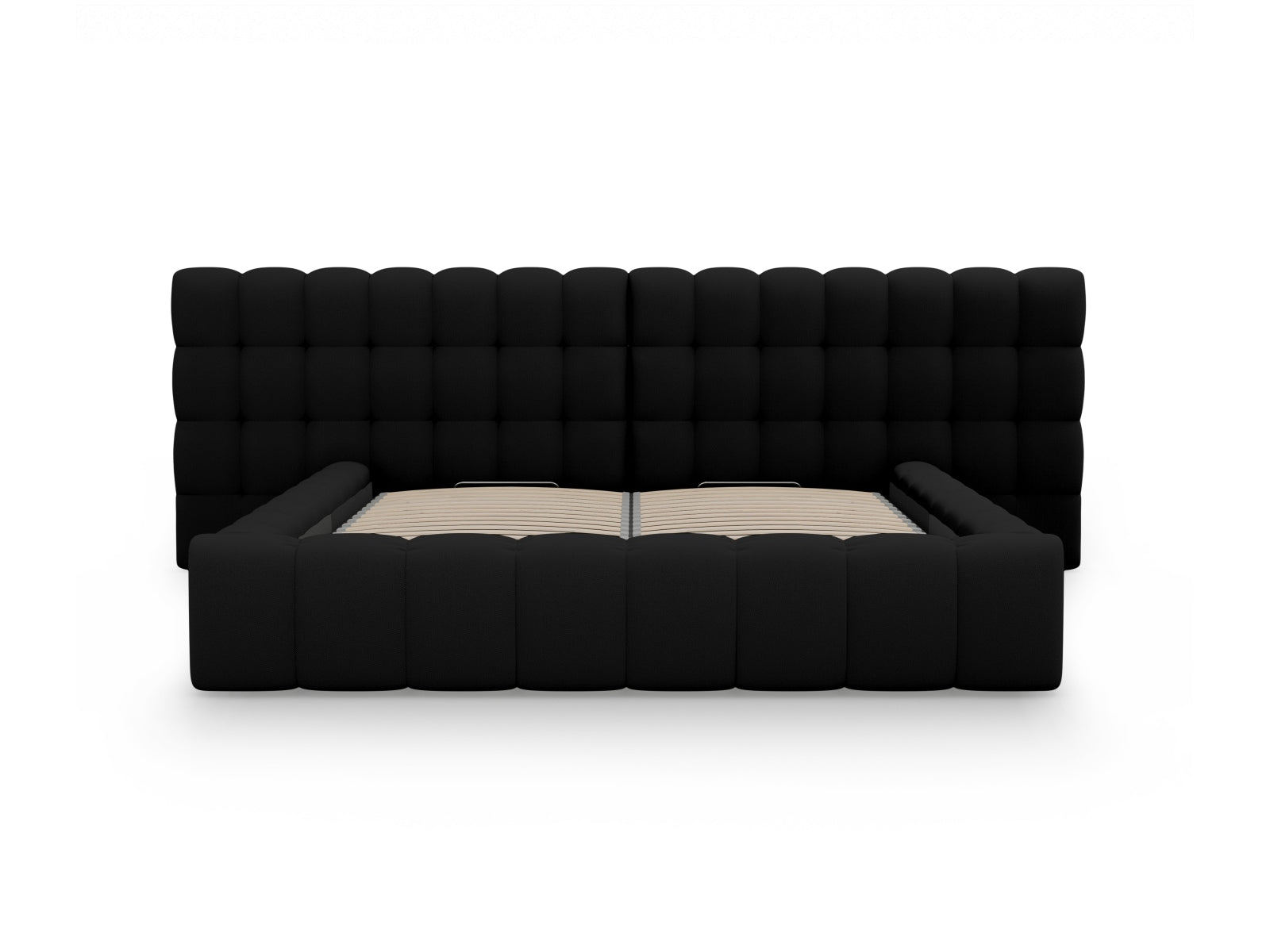 Elegantes Mamaia Boucle Bett in Schwarz mit großzügigem Stauraum und doppeltem Kopfteil für optimalen Schlafkomfort.