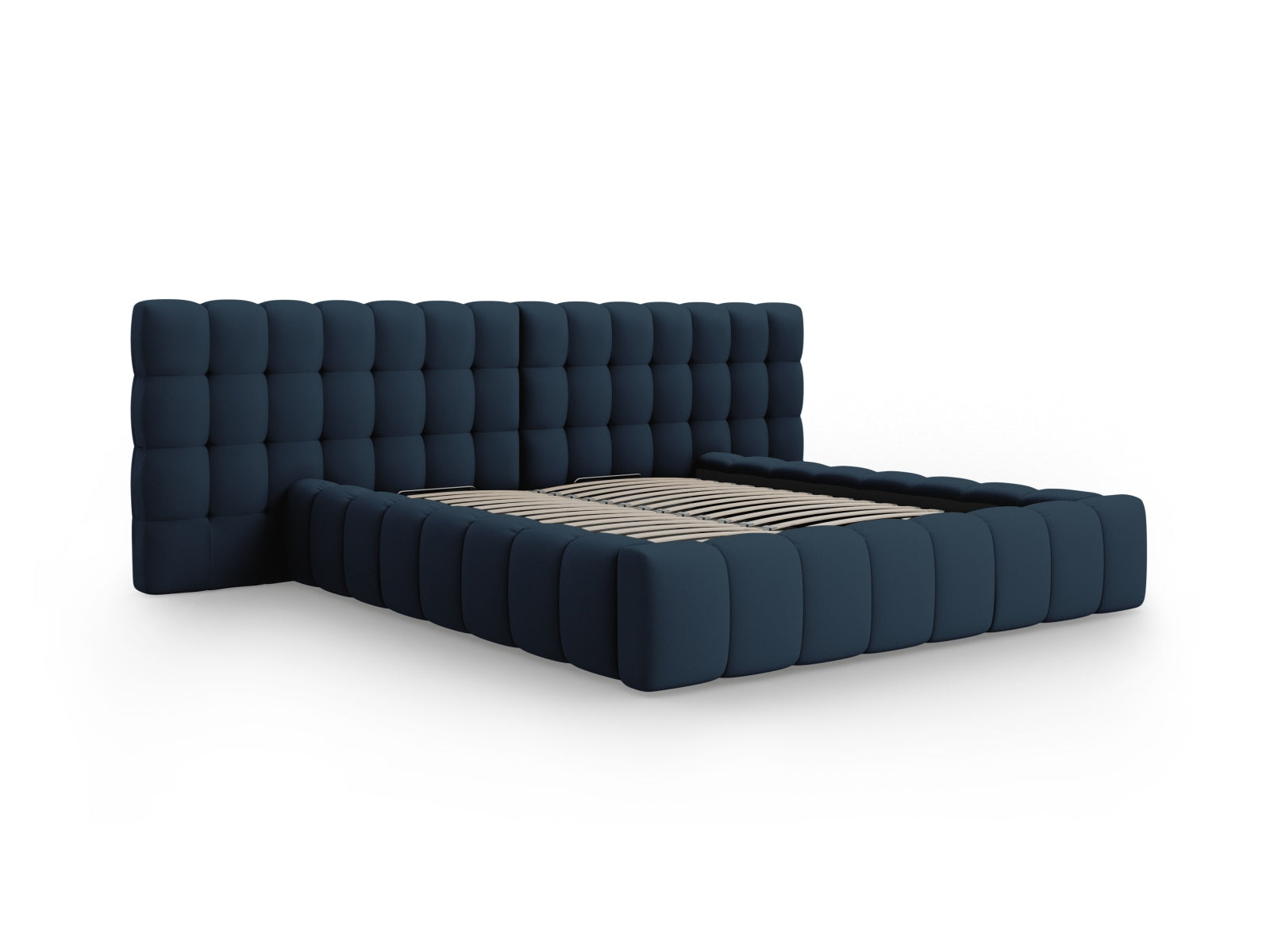 Stilvolles Mamaia Boucle Bett in Blau und Schwarz, ausgestattet mit praktischem Stauraum und einem doppelten Kopfteil für zusätzlichen Komfort.