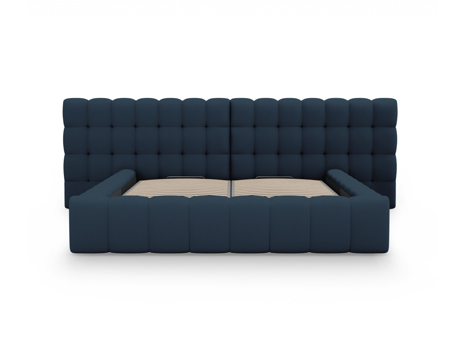 Elegantes Mamaia Boucle Bett in Blau und Schwarz, bietet cleveren Stauraum und ein komfortables, doppeltes Kopfteil für stilvolles Wohnen.