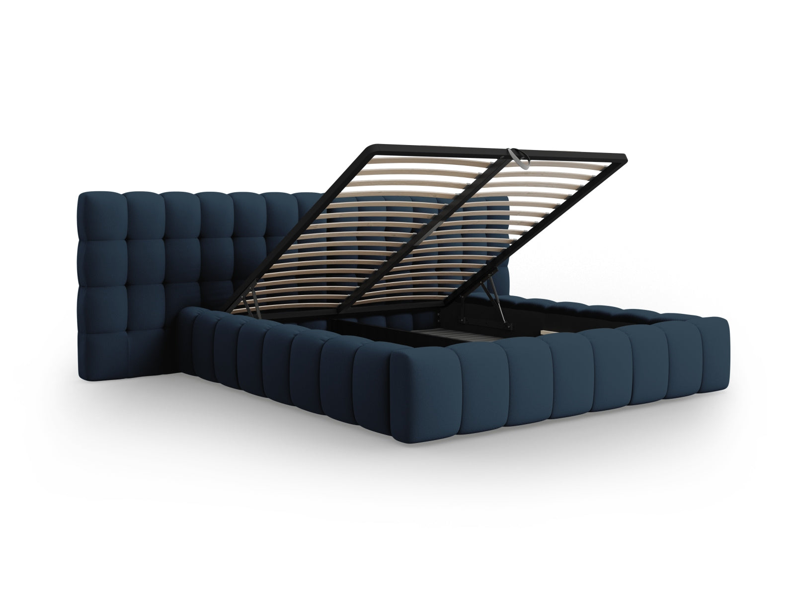 Stilvolles Mamaia Boucle Bett in Blau und Schwarz mit praktischem Stauraum und doppeltem Kopfteil für ein modernes Schlafzimmer.