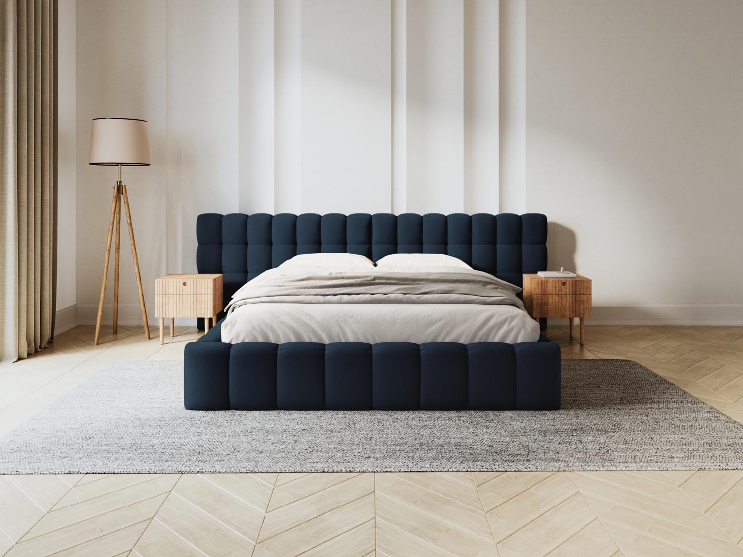 Elegantes Mamaia Boucle Bett in Blau und Schwarz mit praktischem Stauraum und doppeltem Kopfteil, ideal für stilvolle Schlafzimmer.