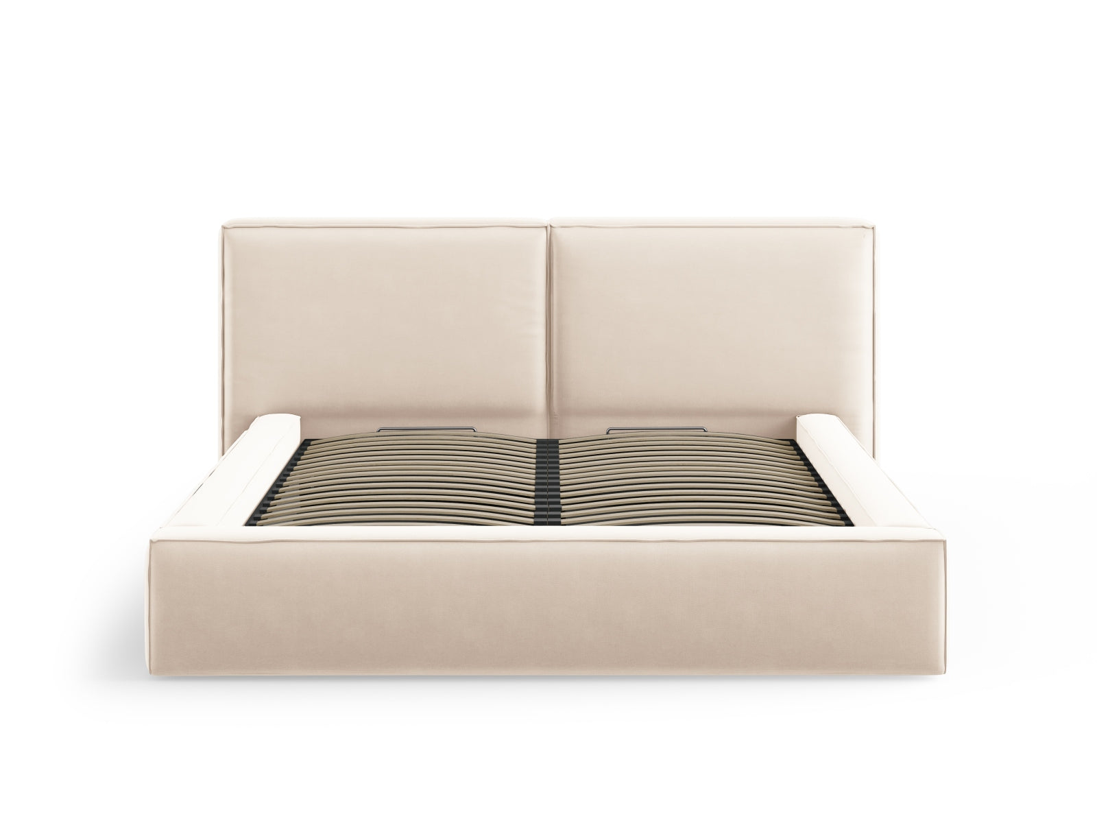 Entdecken Sie das Jodie Velour Bett von Micadoni: 214 cm, elegantes Design, doppeltes Headboard und praktischer Stauraum für Ihr Schlafzimmer.