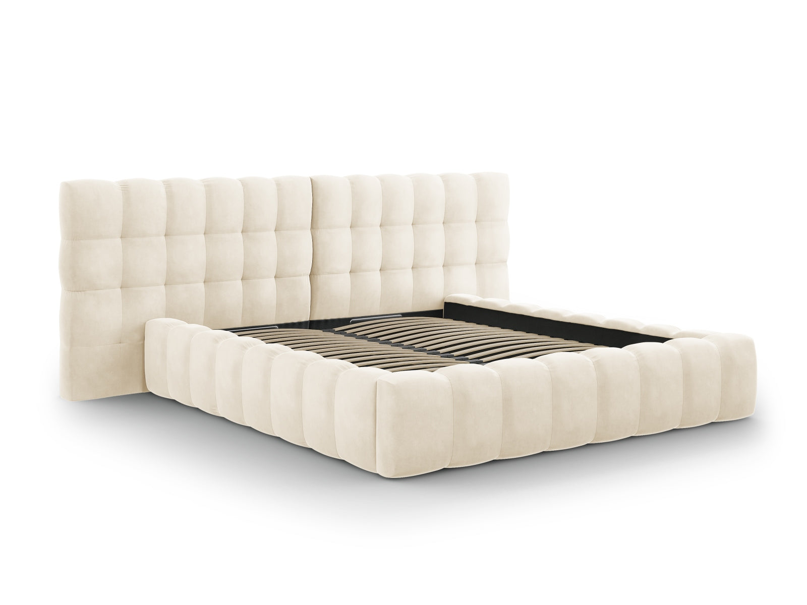 Stilvolles Mamaia Boucle Bett in hellem Beige, ausgestattet mit praktischem Stauraum und einem doppelten Kopfteil für zusätzlichen Komfort.