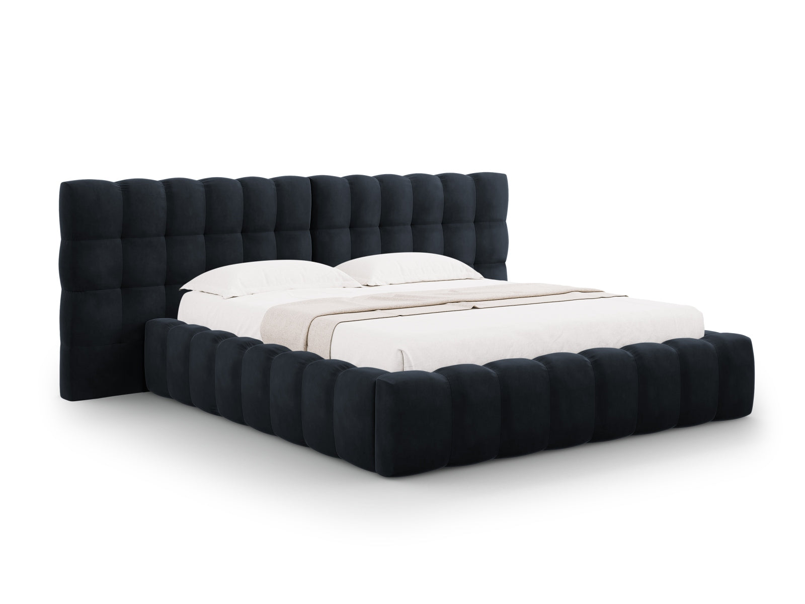 Mamaia Velour Bett mit Stauraum und doppeltem Headboard 250cm in Dark Blue/Schwarz-Bluvel präsentiert im Onlineshop von KAQTU Design AG. Bett ist von Micadoni