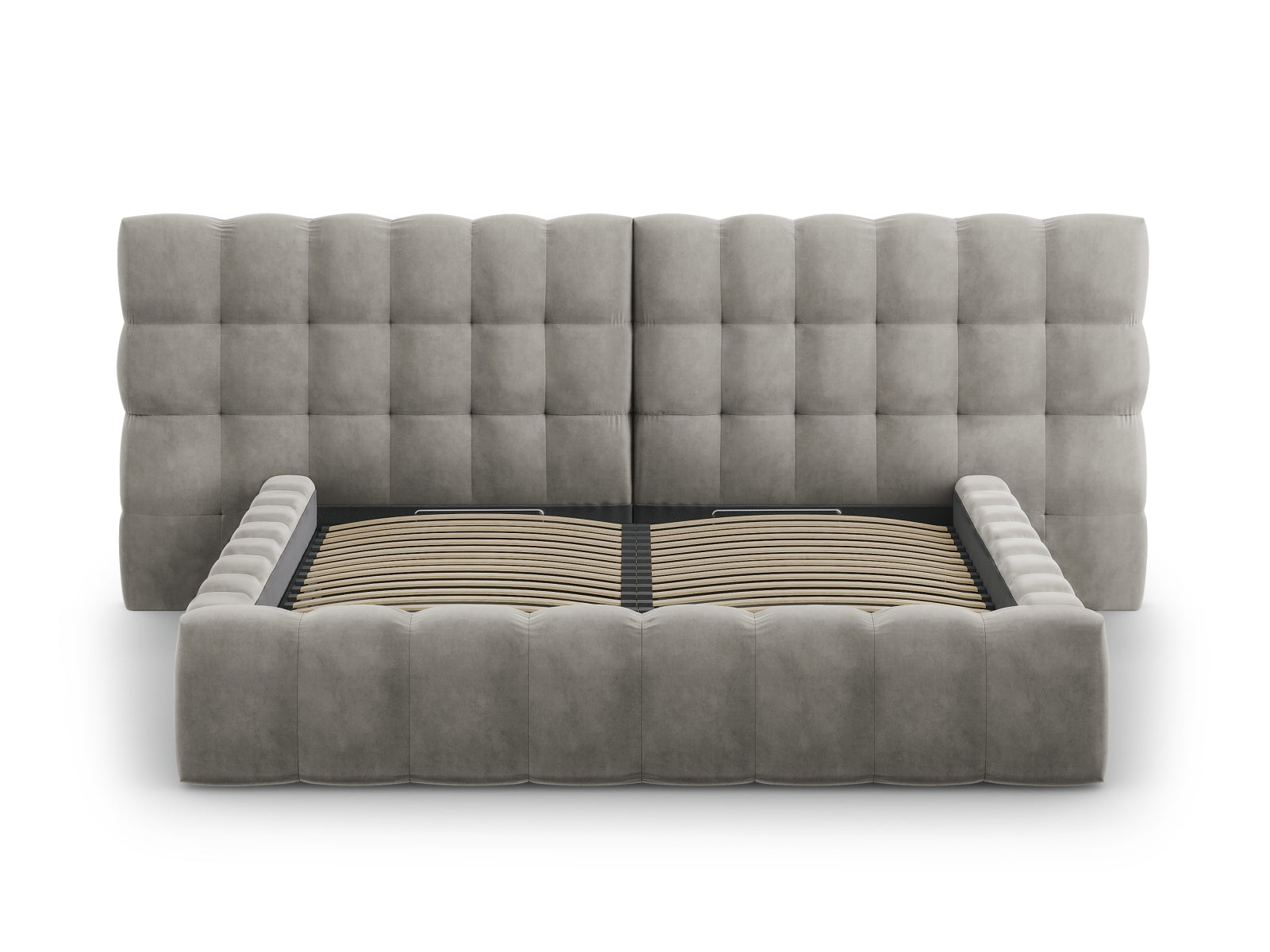 Elegantes Mamaia Boucle Bett in sanftem Grau, bietet cleveren Stauraum und ein luxuriöses doppeltes Kopfteil für optimalen Schlafkomfort.