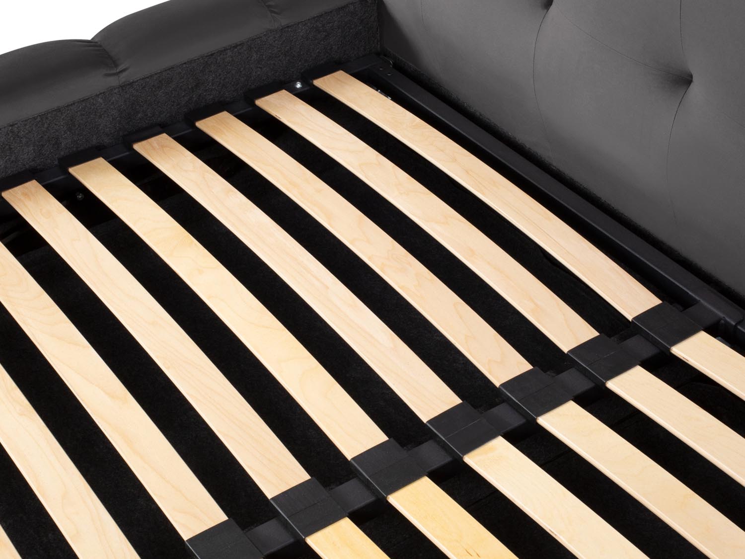 Stilvolles Mamaia Boucle Bett in Grau und Schwarz, bietet praktischen Stauraum und ein komfortables doppeltes Kopfteil.