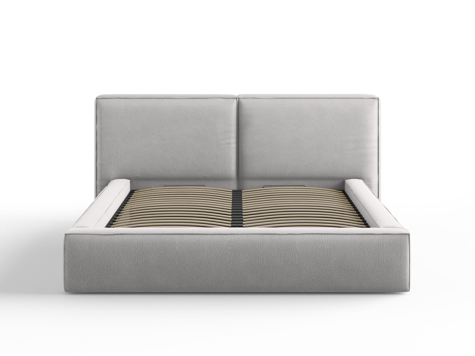 Elegantes Jodie Bett in Light Grey mit praktischem Stauraum und doppeltem Headboard, ideal für stilvolle Schlafzimmer.