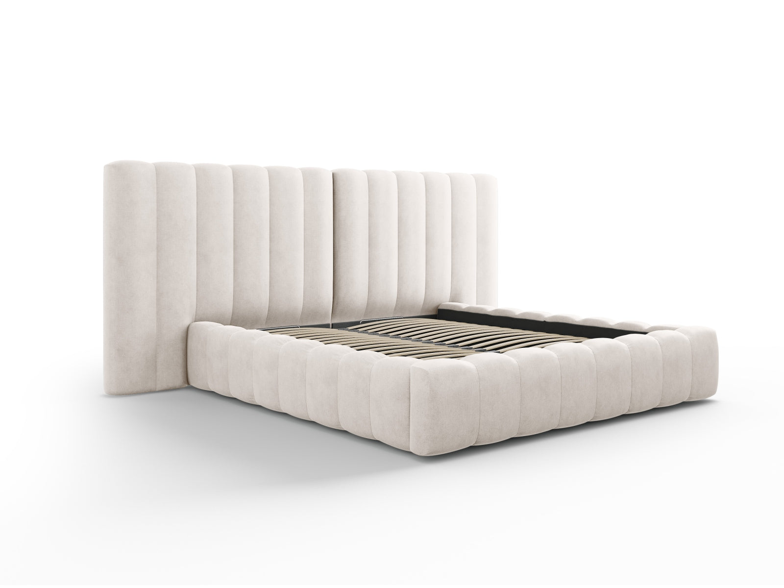 Erleben Sie das Kelp Bett von Micadoni: modernes Design, cleverer Stauraum und ein luxuriöses doppeltes Headboard für höchsten Schlafkomfort.