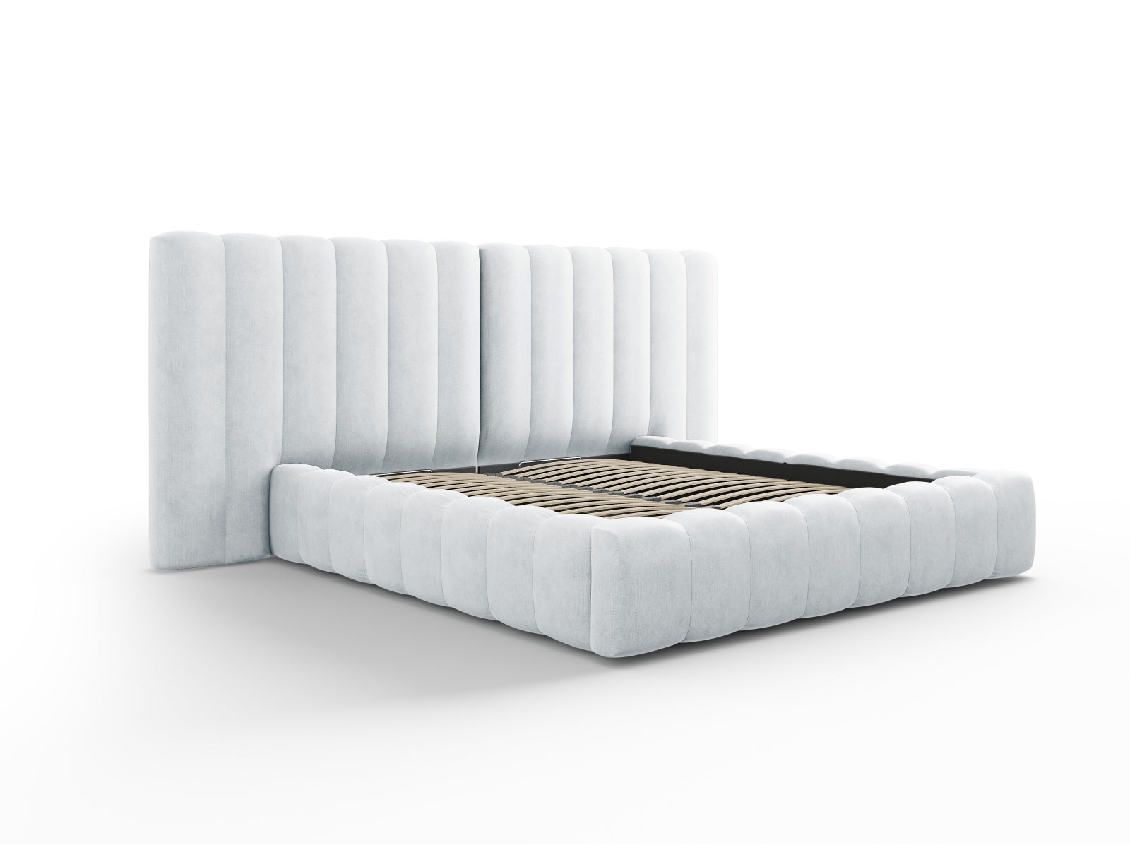 Erleben Sie das Kelp Bett von Micadoni: modernes Design, cleverer Stauraum und ein luxuriöses doppeltes Headboard für erholsamen Schlaf.