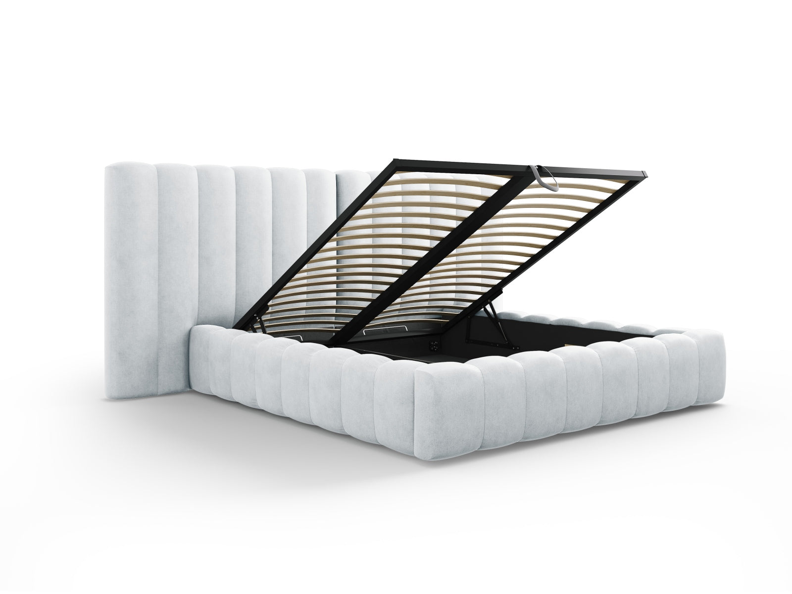 Entdecken Sie das Kelp Bett von Micadoni: stilvolles Design, praktischer Stauraum und ein elegantes doppeltes Headboard für optimalen Komfort.