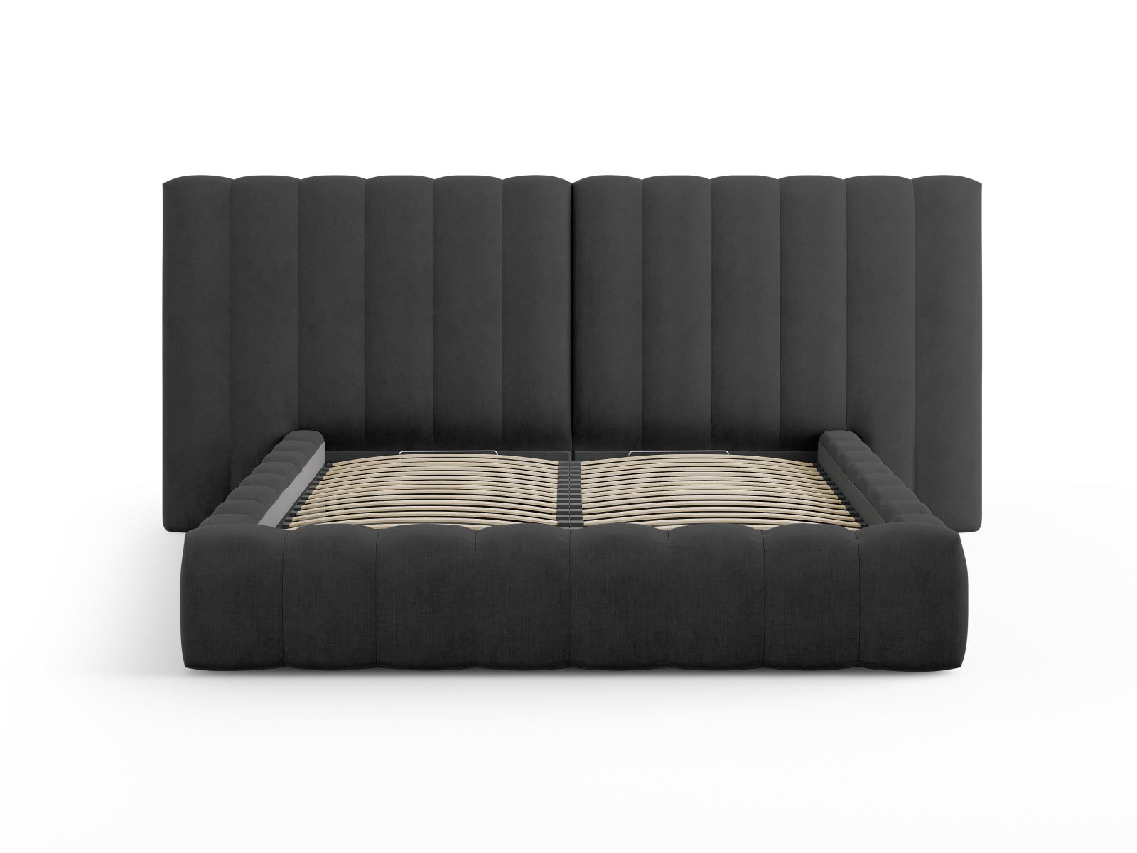 Entdecken Sie das Kelp Bett von Micadoni: stilvolles Design, praktischer Stauraum und ein elegantes doppeltes Headboard für optimalen Komfort.