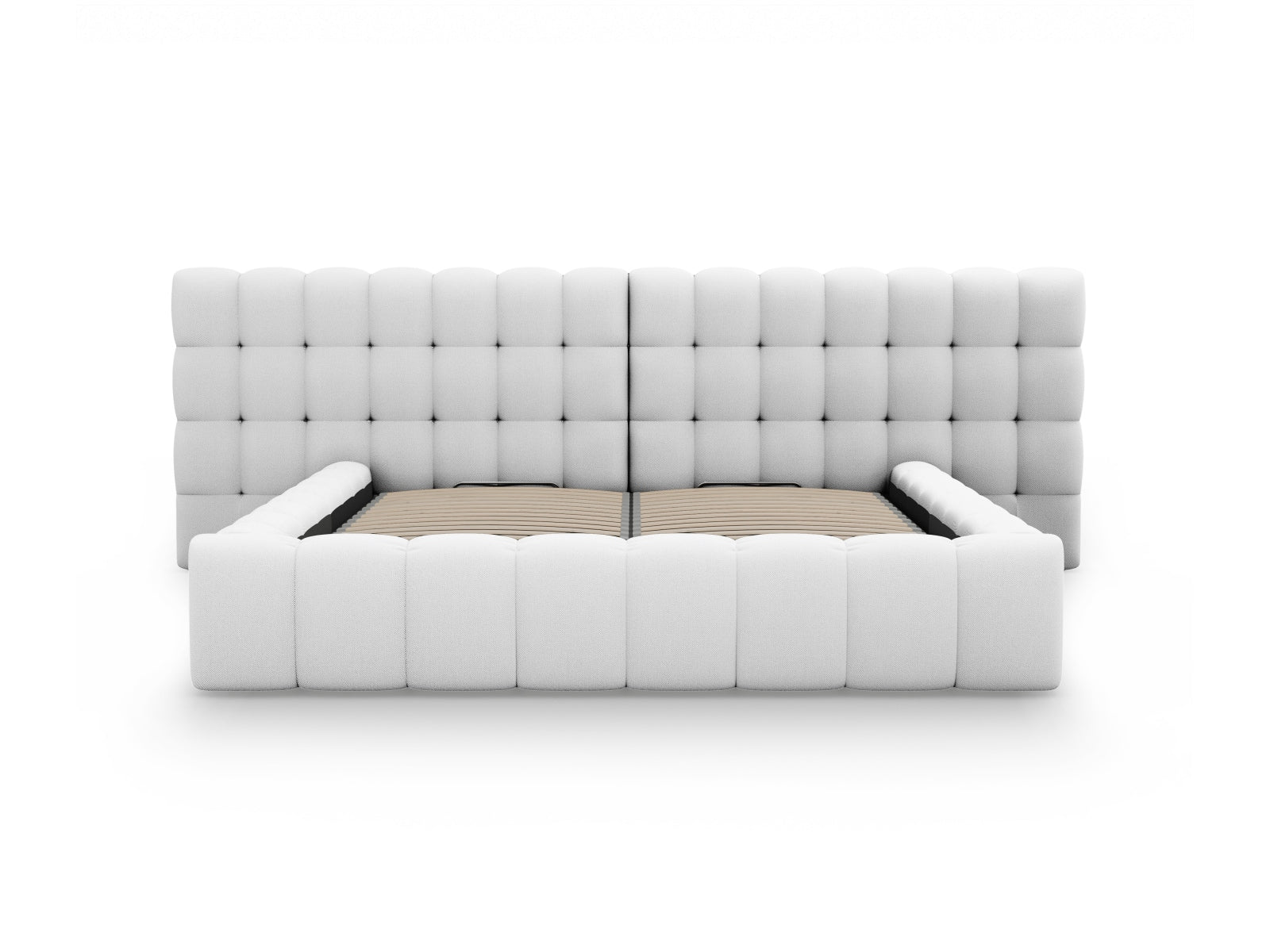 Entdecken Sie das Mamaia Bett von Micadoni: 300 cm Breite, elegantes Design mit doppeltem Headboard und praktischer Stauraumfunktion für Ihr Schlafzimmer.