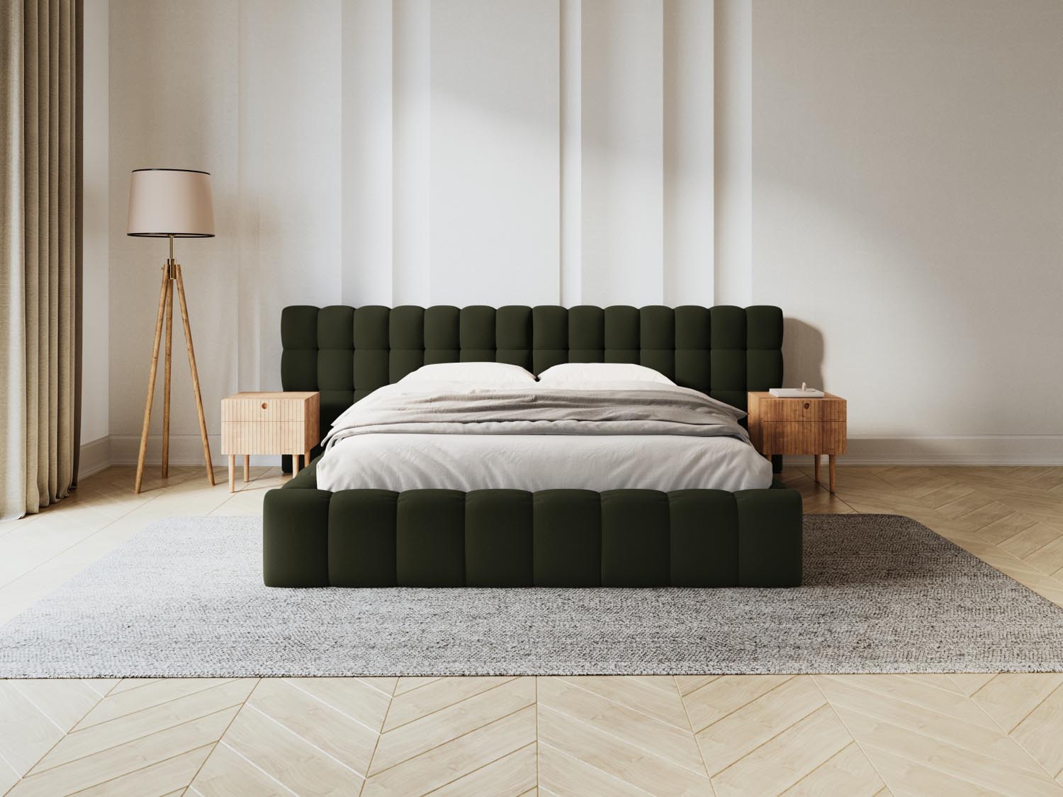 Elegantes Mamaia Bett mit praktischem Stauraum und doppeltem Kopfteil in stilvollem Grün und Schwarz, ideal für modernes Wohnen.