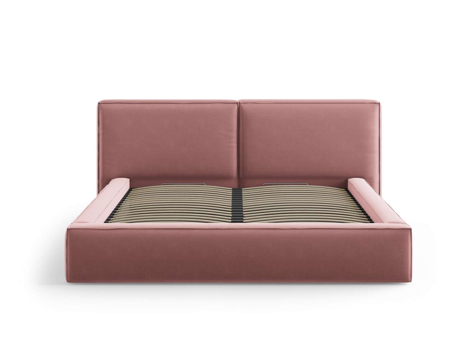 Elegantes Jodie Velour Bett in zarten Rosatönen, bietet cleveren Stauraum und ein komfortables, doppeltes Kopfteil.