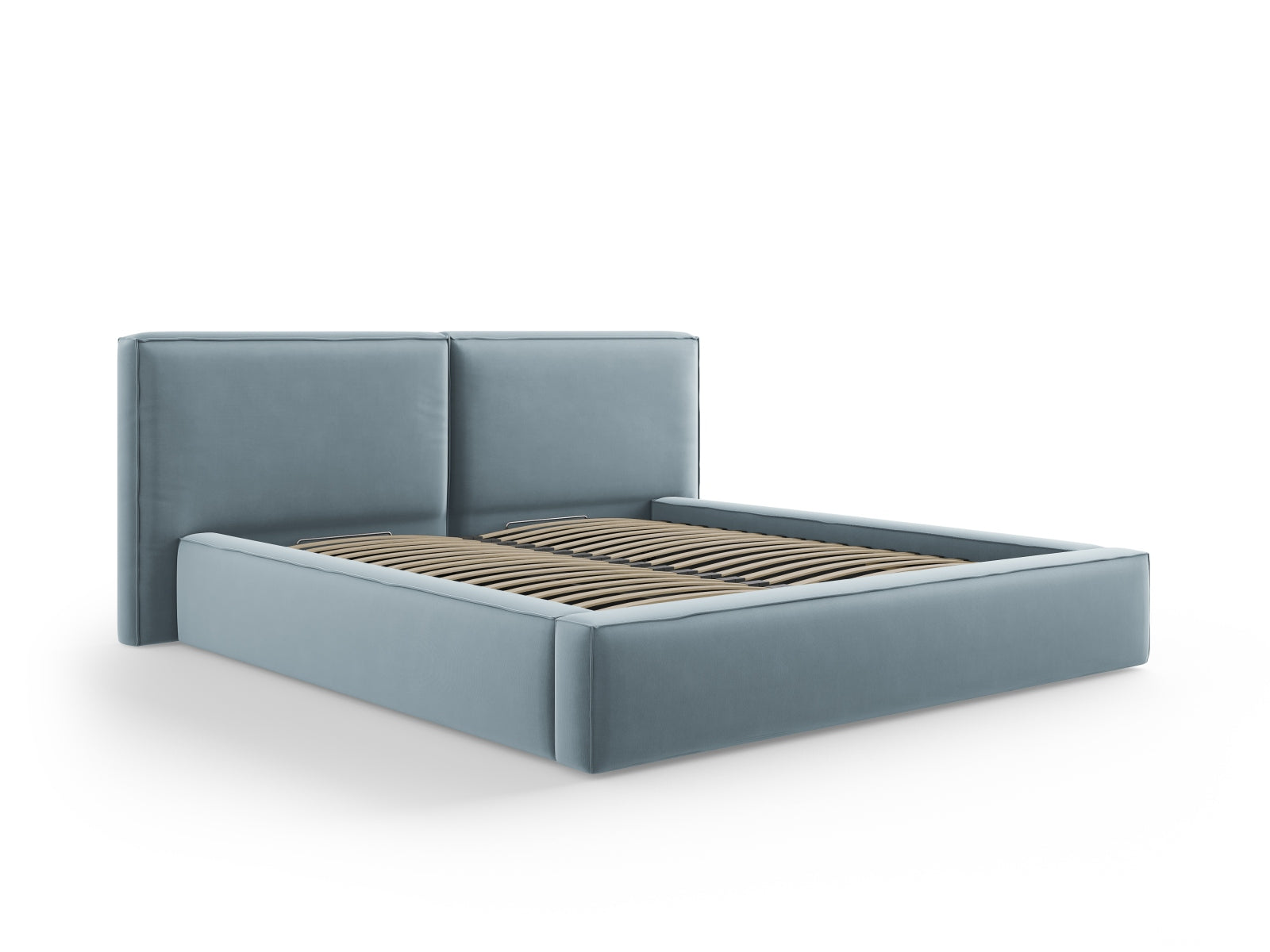 Stilvolles Jodie Velour Bett in zartem Hellblau, ausgestattet mit praktischem Stauraum und einem doppelten Kopfteil für zusätzlichen Komfort.