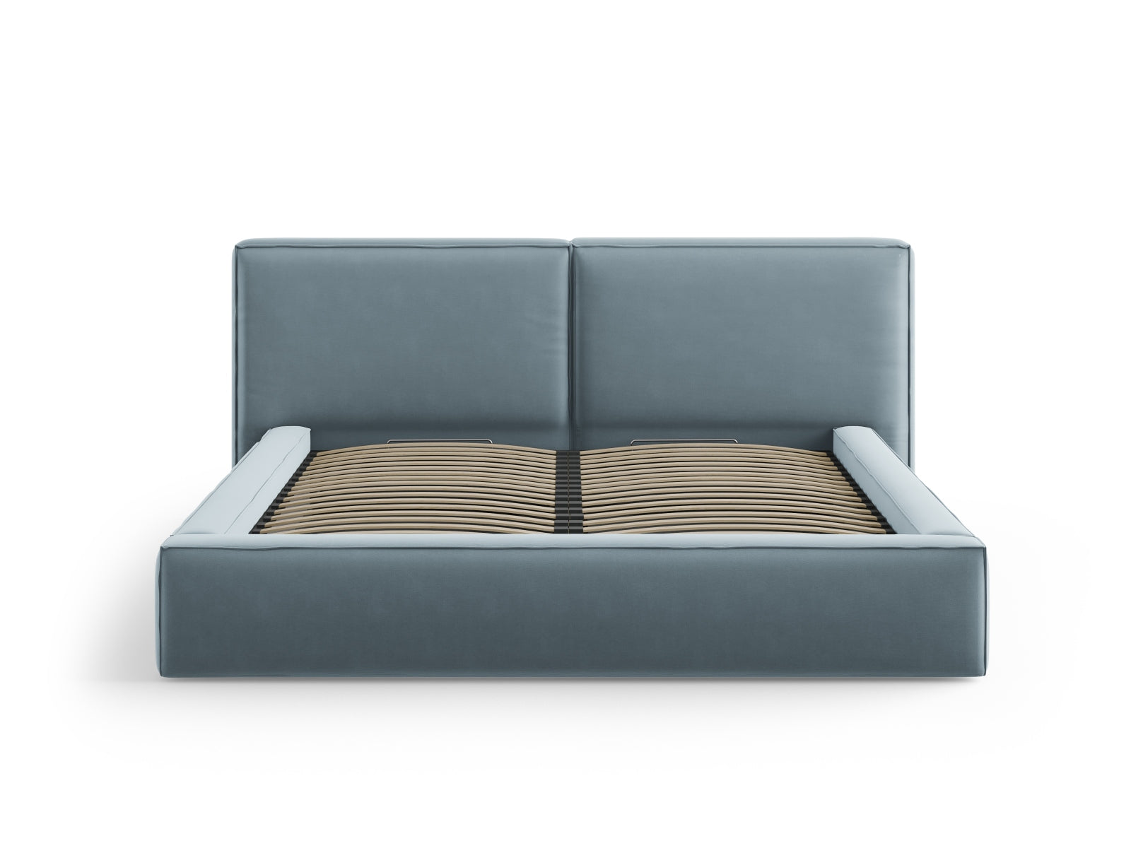 Elegantes Jodie Velour Bett in sanftem Hellblau, bietet großzügigen Stauraum und ein komfortables, doppeltes Kopfteil für stilvolle Schlafzimmergestaltung.