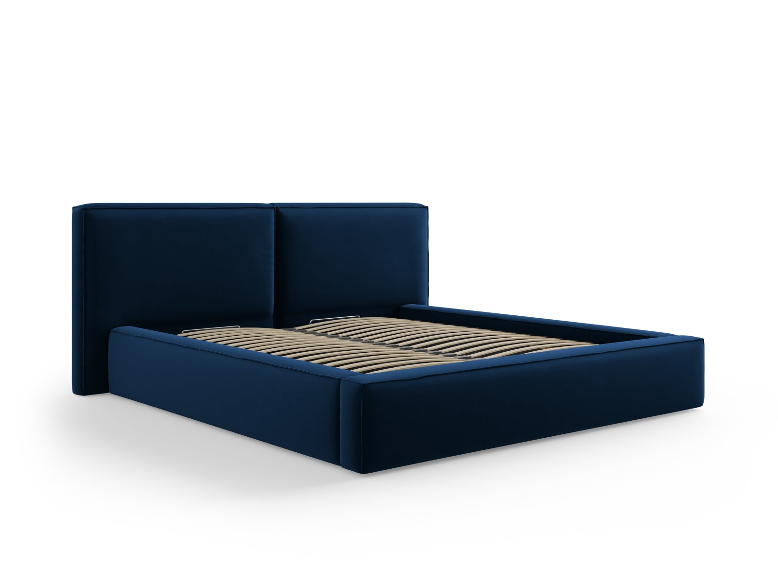 Luxuriöses Jodie Velour Bett in Royal Blue, ausgestattet mit Stauraum und einem doppelten Kopfteil für zusätzlichen Komfort und Stil.
