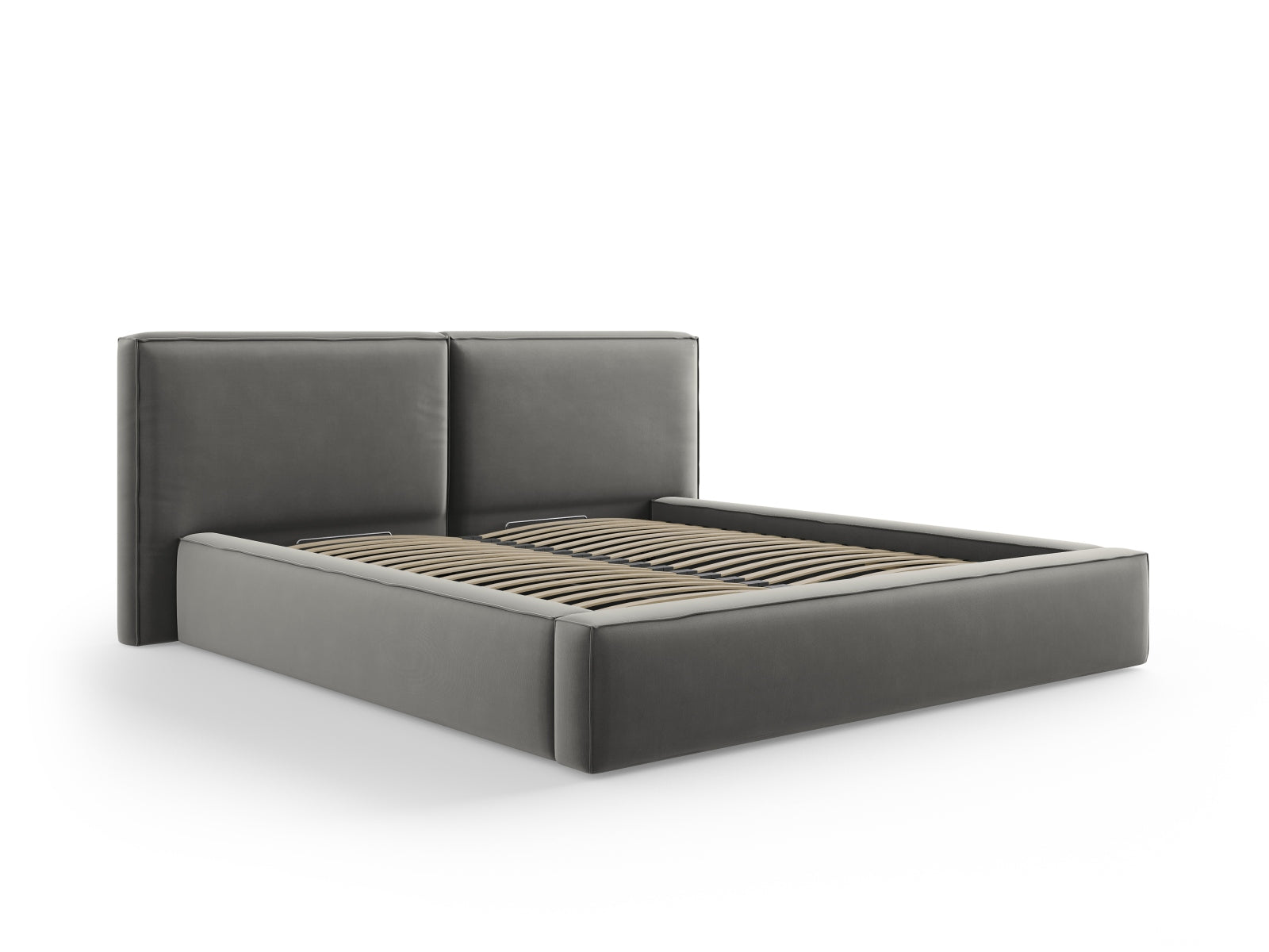 Stilvolles Jodie Velour Bett in sanftem Grau mit doppeltem Kopfteil und cleverem Stauraum, perfekt für moderne Schlafzimmer.