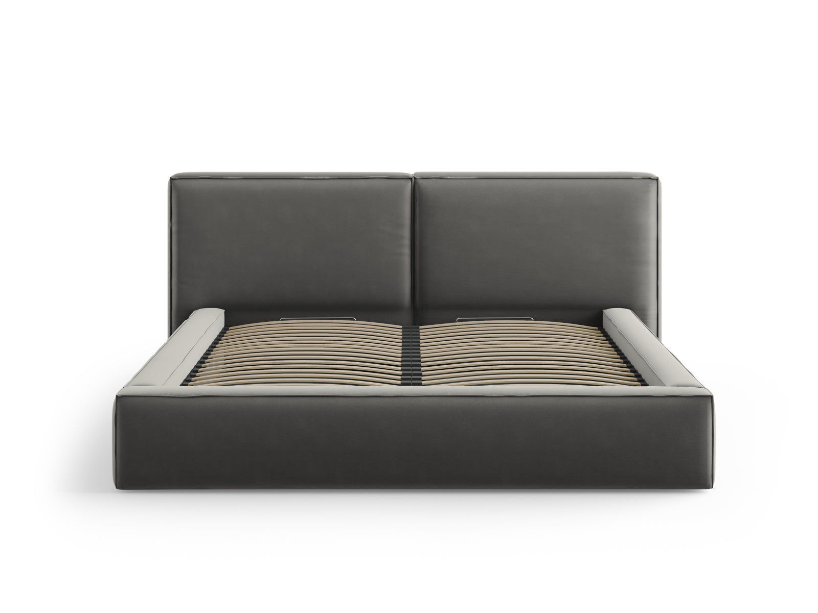 Elegantes Jodie Velour Bett in zartem Grau, ausgestattet mit praktischem Stauraum und einem doppelten Kopfteil für zusätzlichen Komfort.