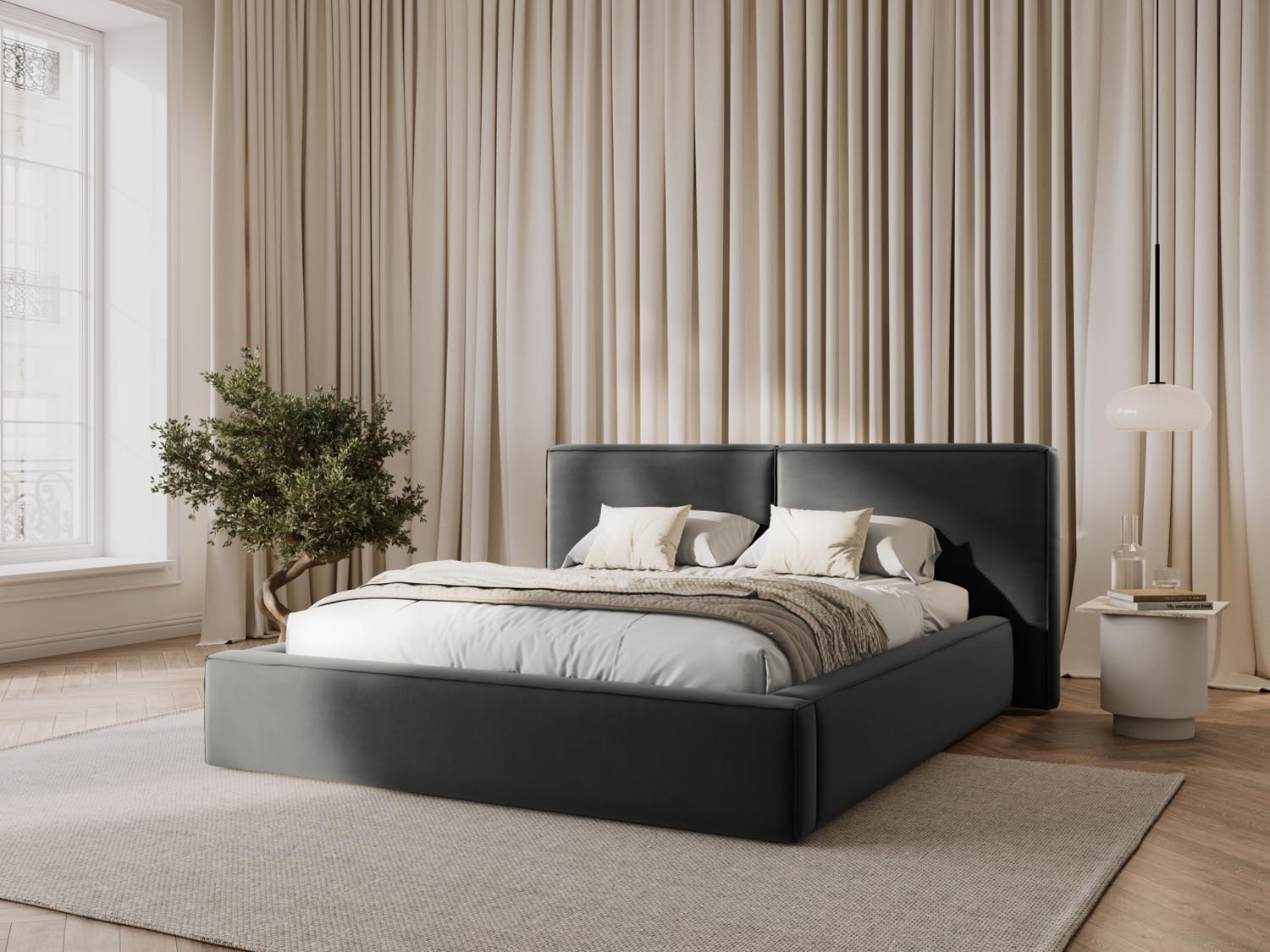 Elegantes Jodie Velour Bett in Light Grey-Bluvel mit praktischem Stauraum und doppeltem Headboard, ideal für stilvolle Schlafzimmer.