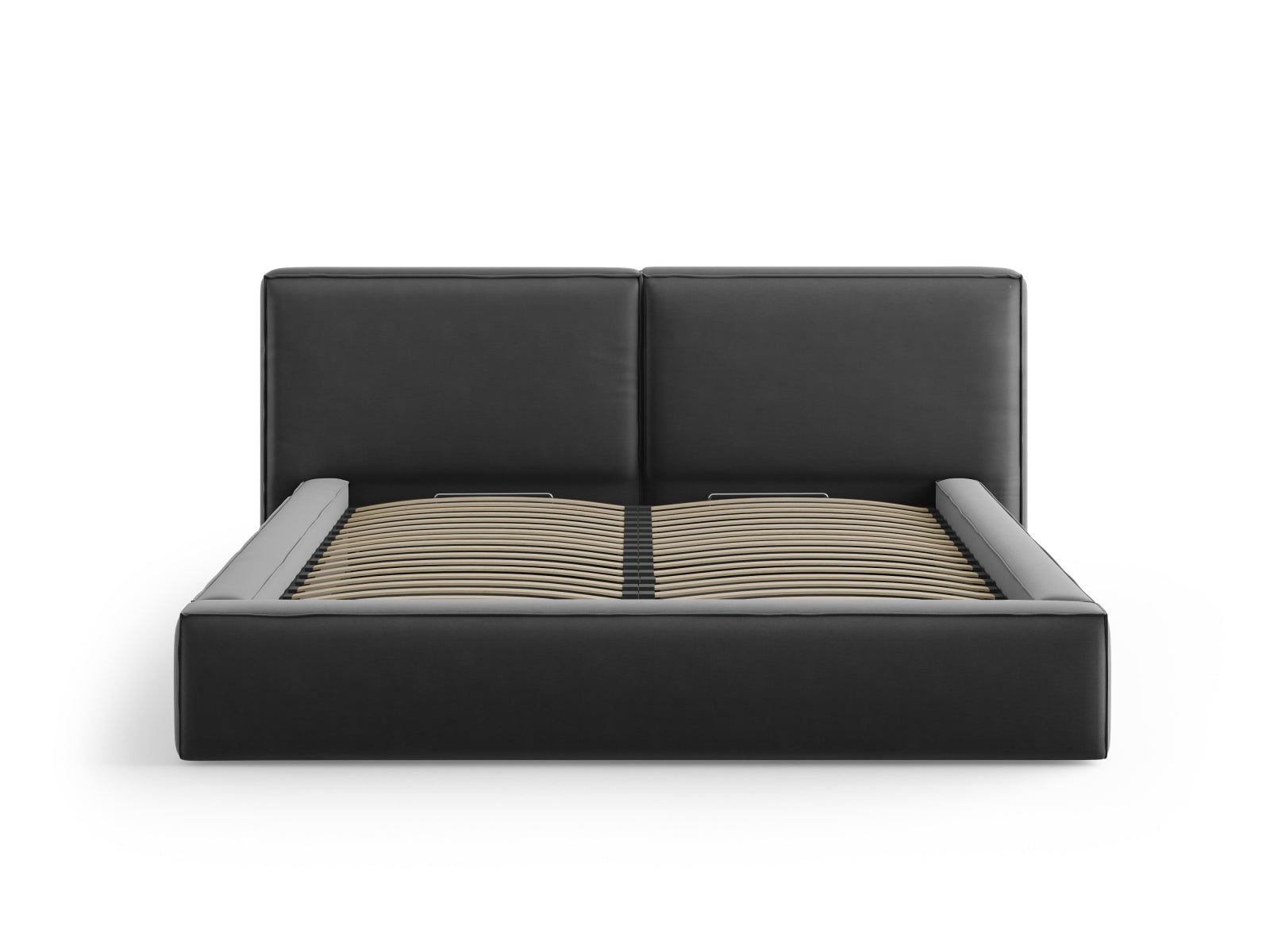 Elegantes Jodie Velour Bett in Grey-Bluvel, bietet großzügigen Stauraum und ein komfortables doppeltes Kopfteil für stilvolle Schlafzimmergestaltung.