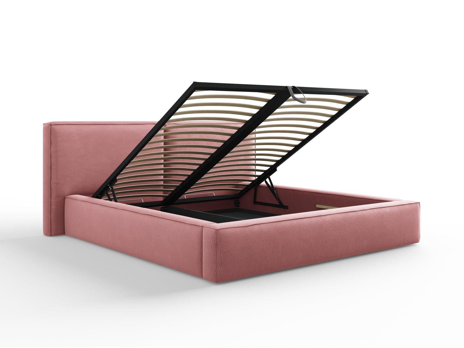 Modernes Jodie Bett in sanftem Rosa, ausgestattet mit Stauraum und doppeltem Kopfteil, perfekt für eine stilvolle und funktionale Schlafumgebung.