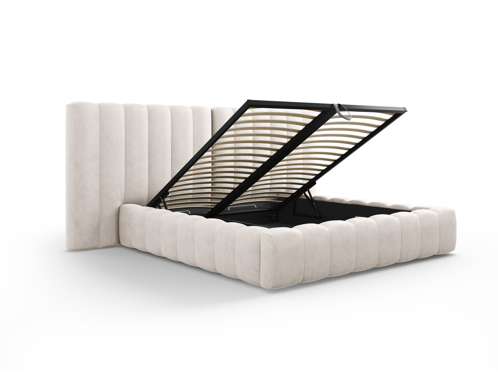 Entdecken Sie das Kelp Bett von Micadoni: stilvolles Design, praktischer Stauraum und ein elegantes doppeltes Headboard für höchsten Schlafkomfort.