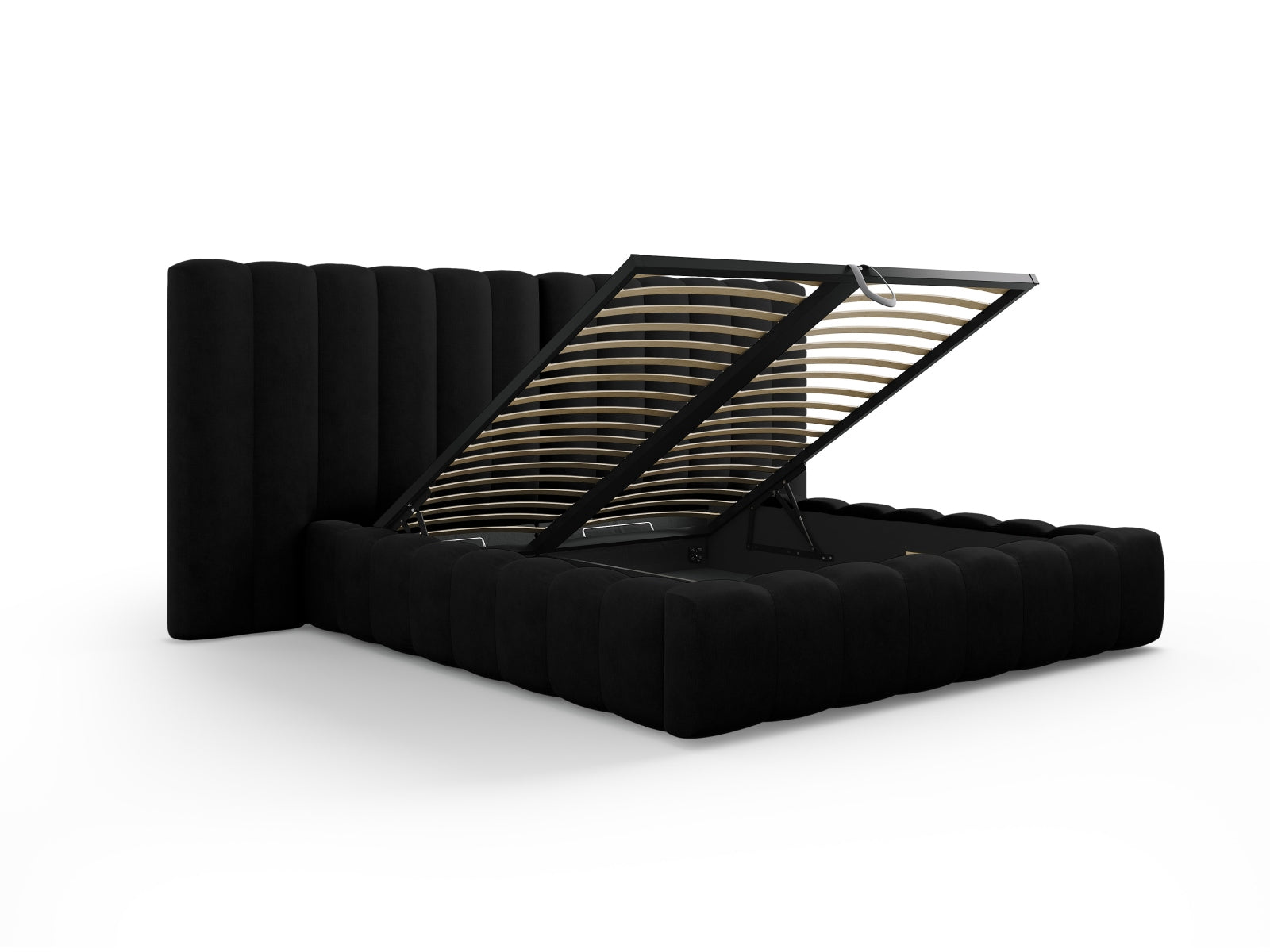 Entdecken Sie das Kelp Bett von Micadoni: stilvolles Design, praktischer Stauraum und ein elegantes doppeltes Headboard für erholsamen Schlaf.