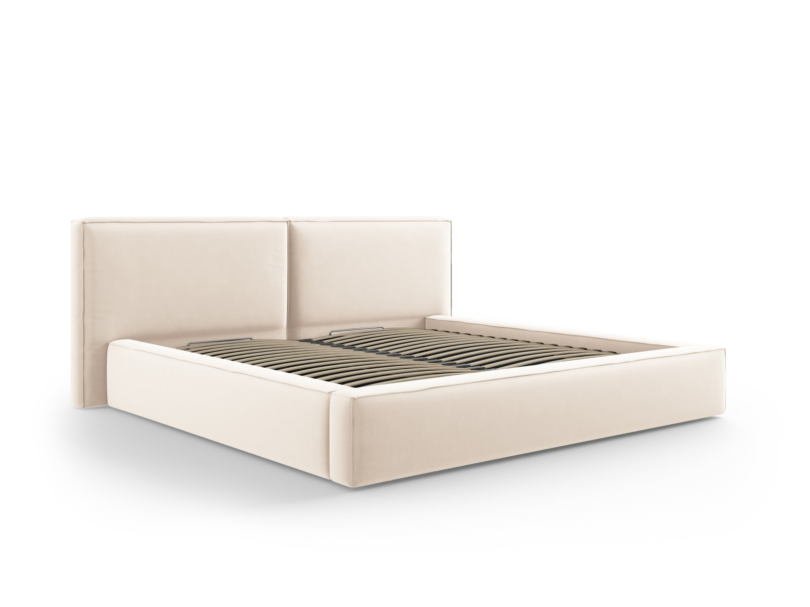 Stilvolles Jodie Velour Bett in sanftem Beige, ausgestattet mit praktischem Stauraum und einem doppelten Kopfteil für zusätzlichen Komfort.