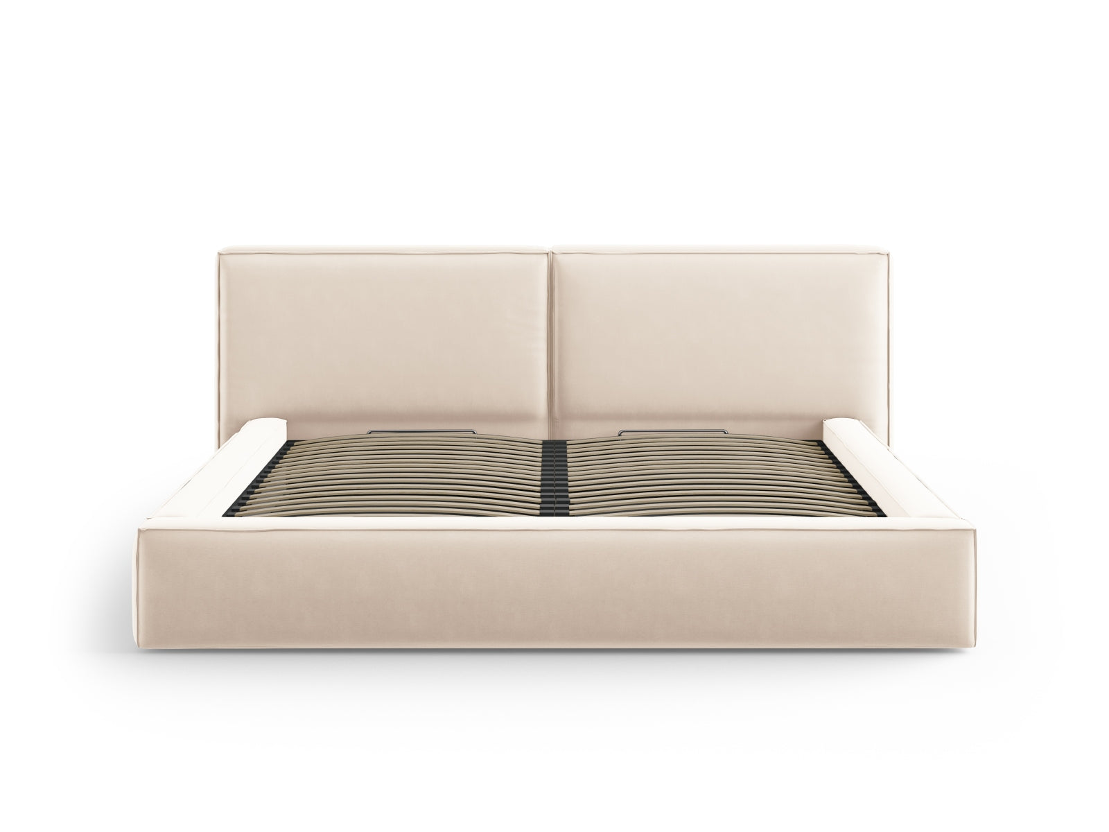 Elegantes Jodie Velour Bett in zartem Beige, bietet cleveren Stauraum und ein luxuriöses doppeltes Kopfteil für optimalen Schlafkomfort.