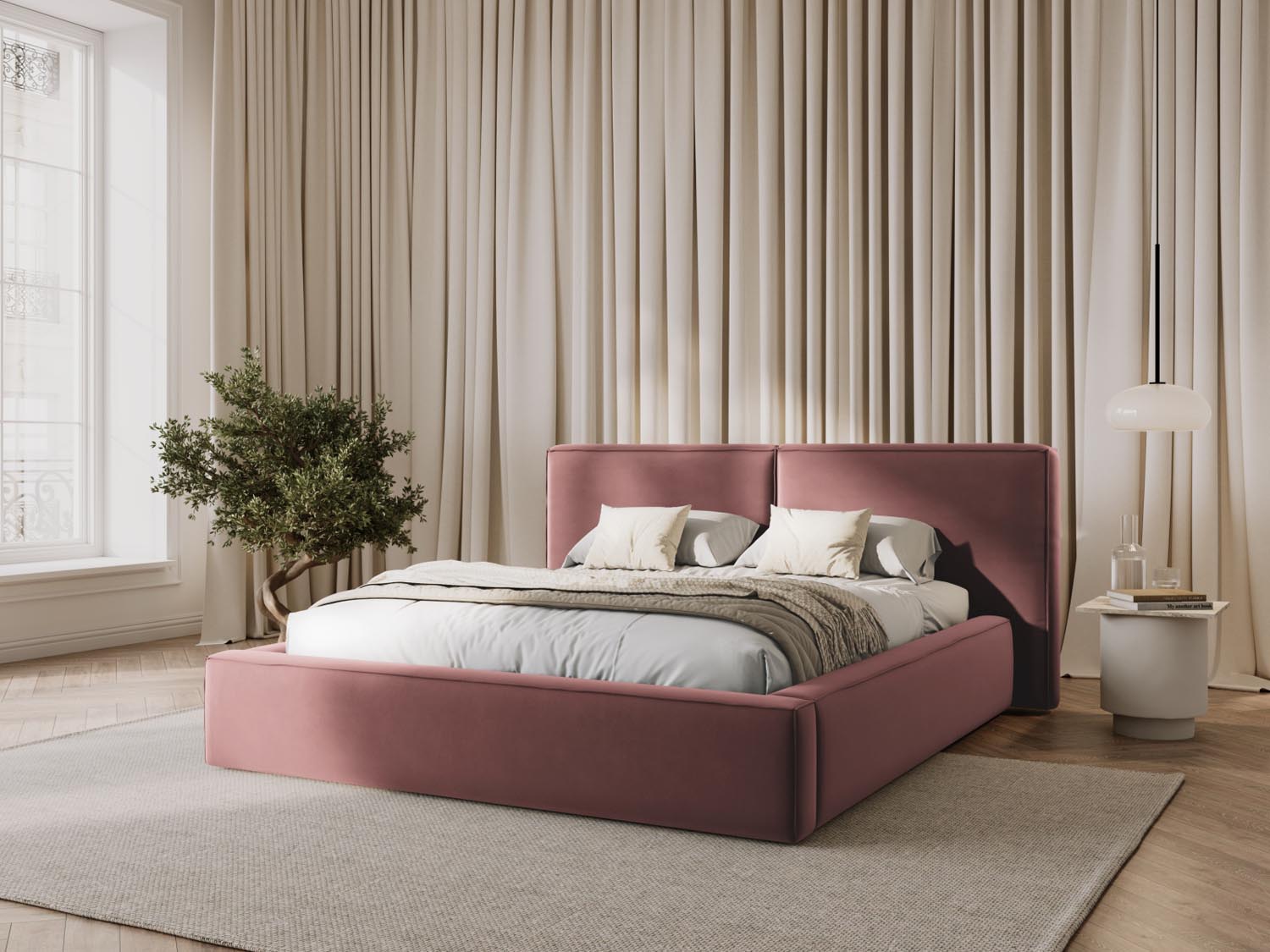 Entdecken Sie das stilvolle Jodie Velour Bett von Micadoni mit praktischem Stauraum und elegantem doppeltem Headboard – ideal für Ihr Schlafzimmer!