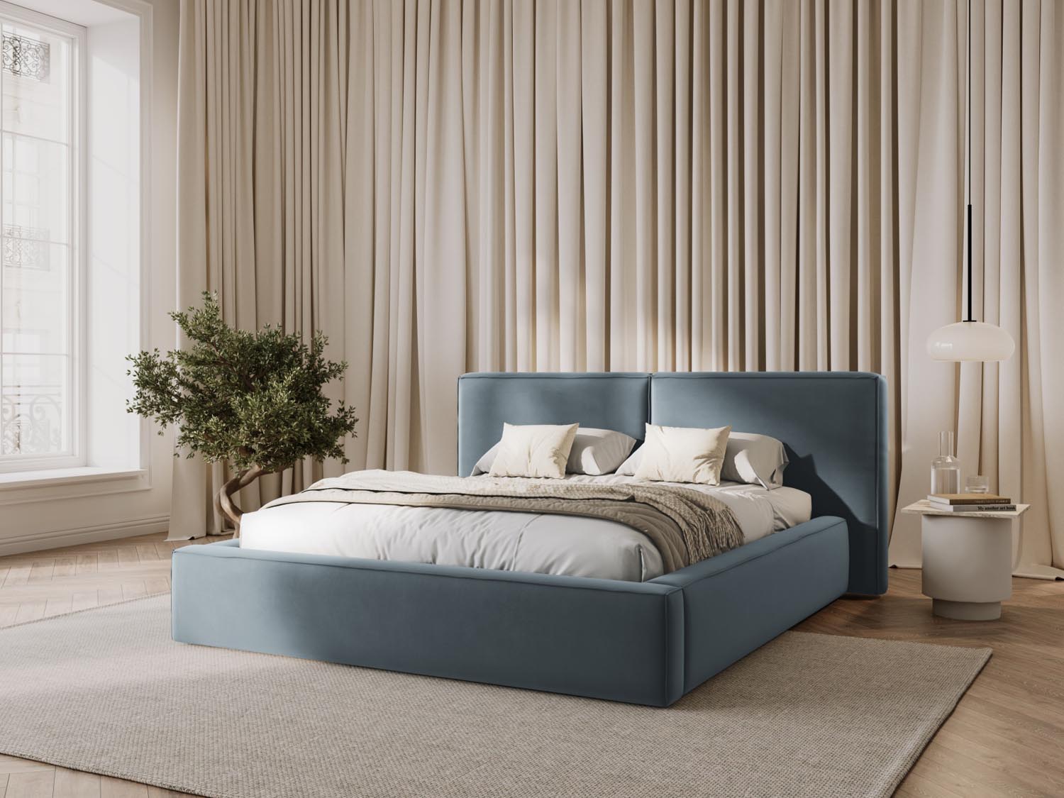Entdecken Sie das stilvolle Jodie Velour Bett von Micadoni mit praktischem Stauraum und doppeltem Headboard – ideal für Ihr Schlafzimmer!