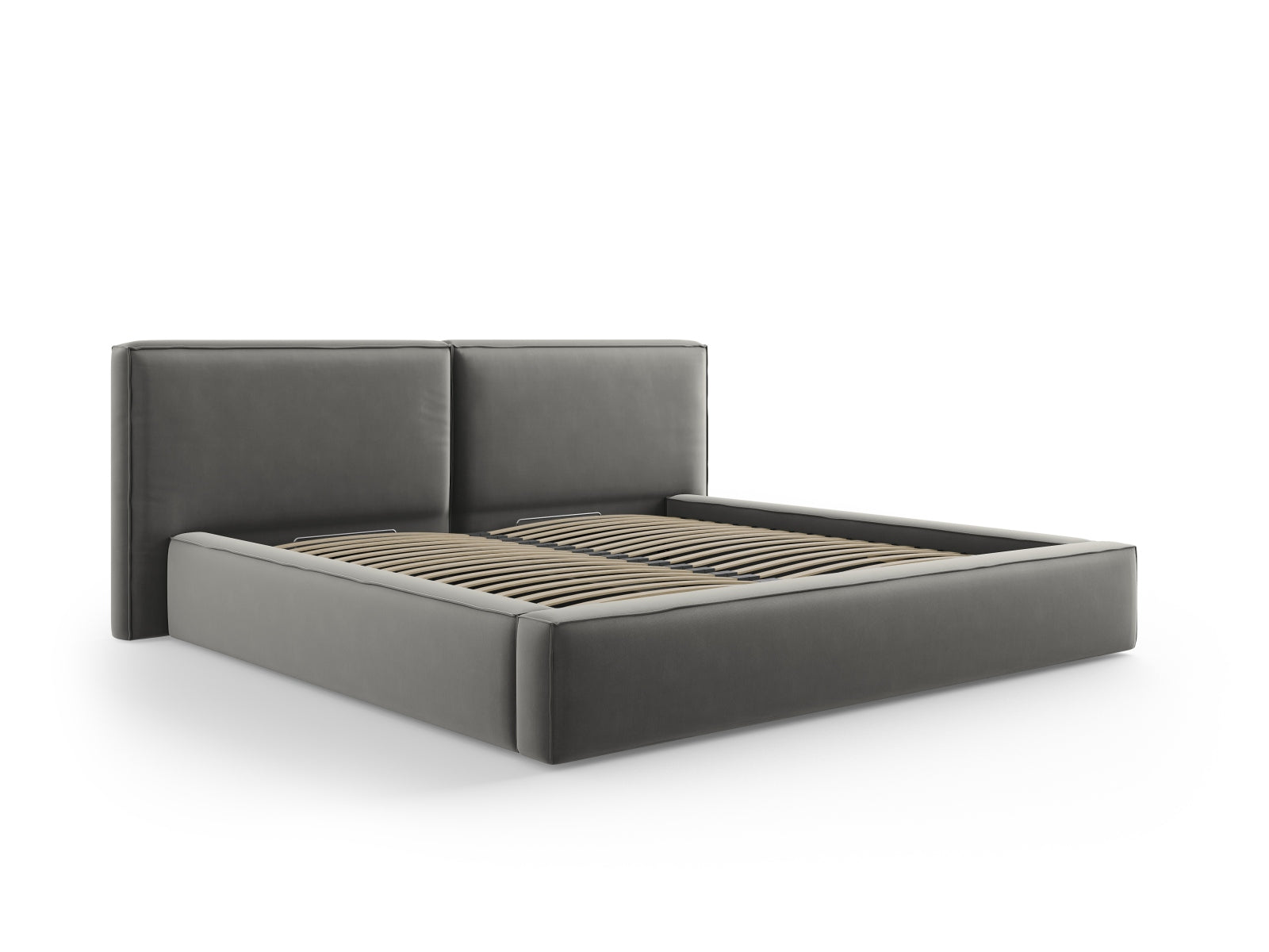 Erleben Sie das elegante Jodie Velour Bett von Micadoni, das mit seinem doppelten Headboard und praktischem Stauraum für stilvollen Komfort in Ihrem Schlafzimmer sorgt.