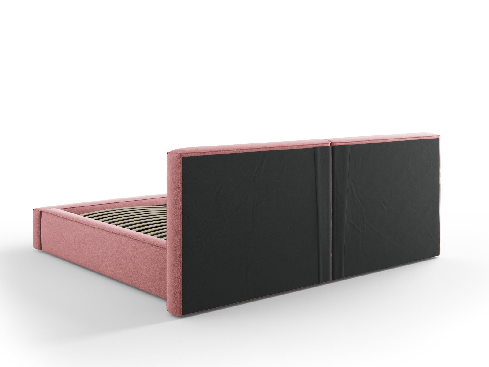 Elegantes Jodie Bett in zartem Rosa, bietet cleveren Stauraum und ein doppelt gepolstertes Kopfteil für optimalen Schlafkomfort.