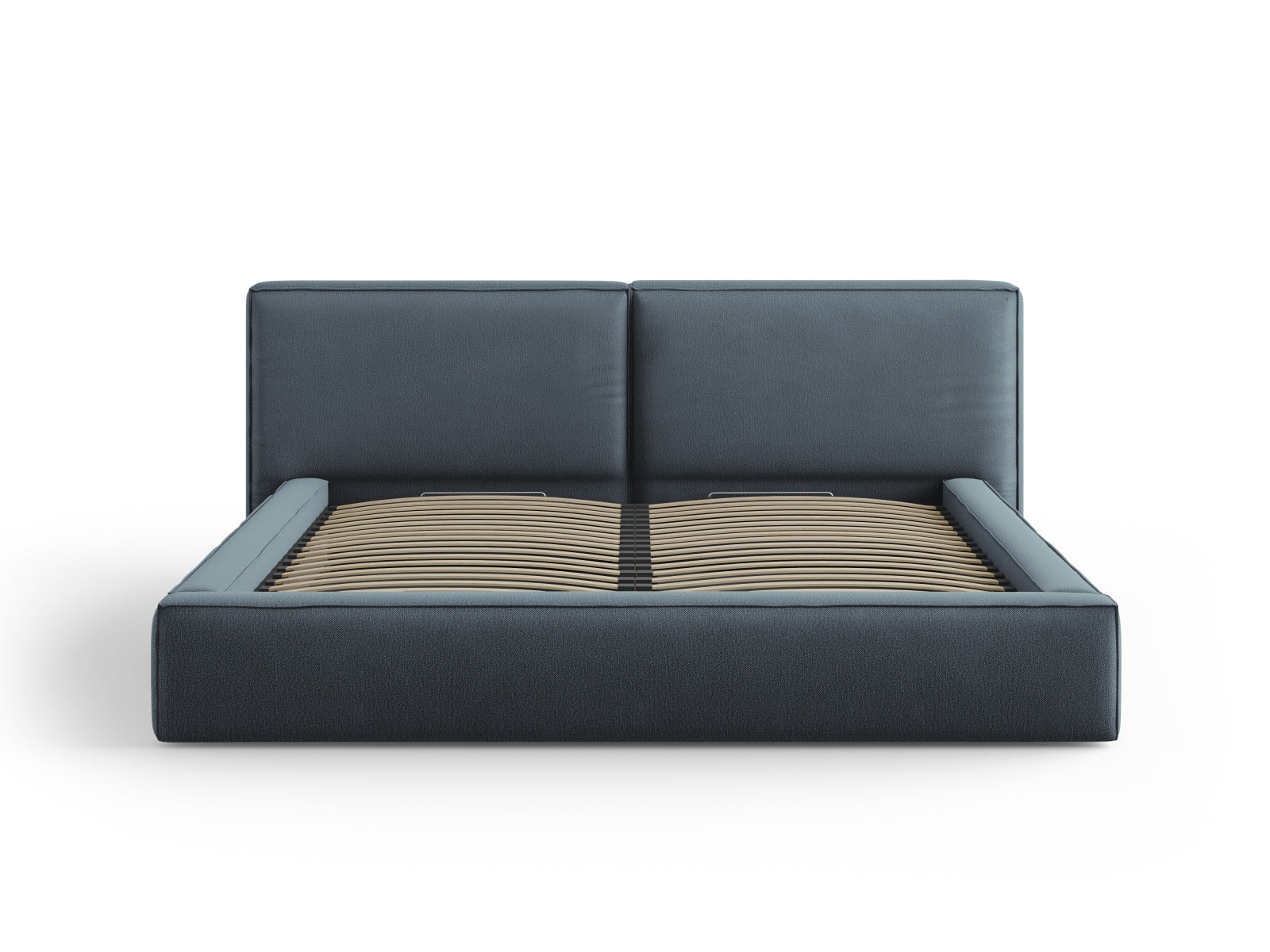 Elegantes Jodie Bett mit doppeltem Headboard und praktischer Stauraumfunktion in stilvollem Blau, ideal für moderne Schlafzimmer.