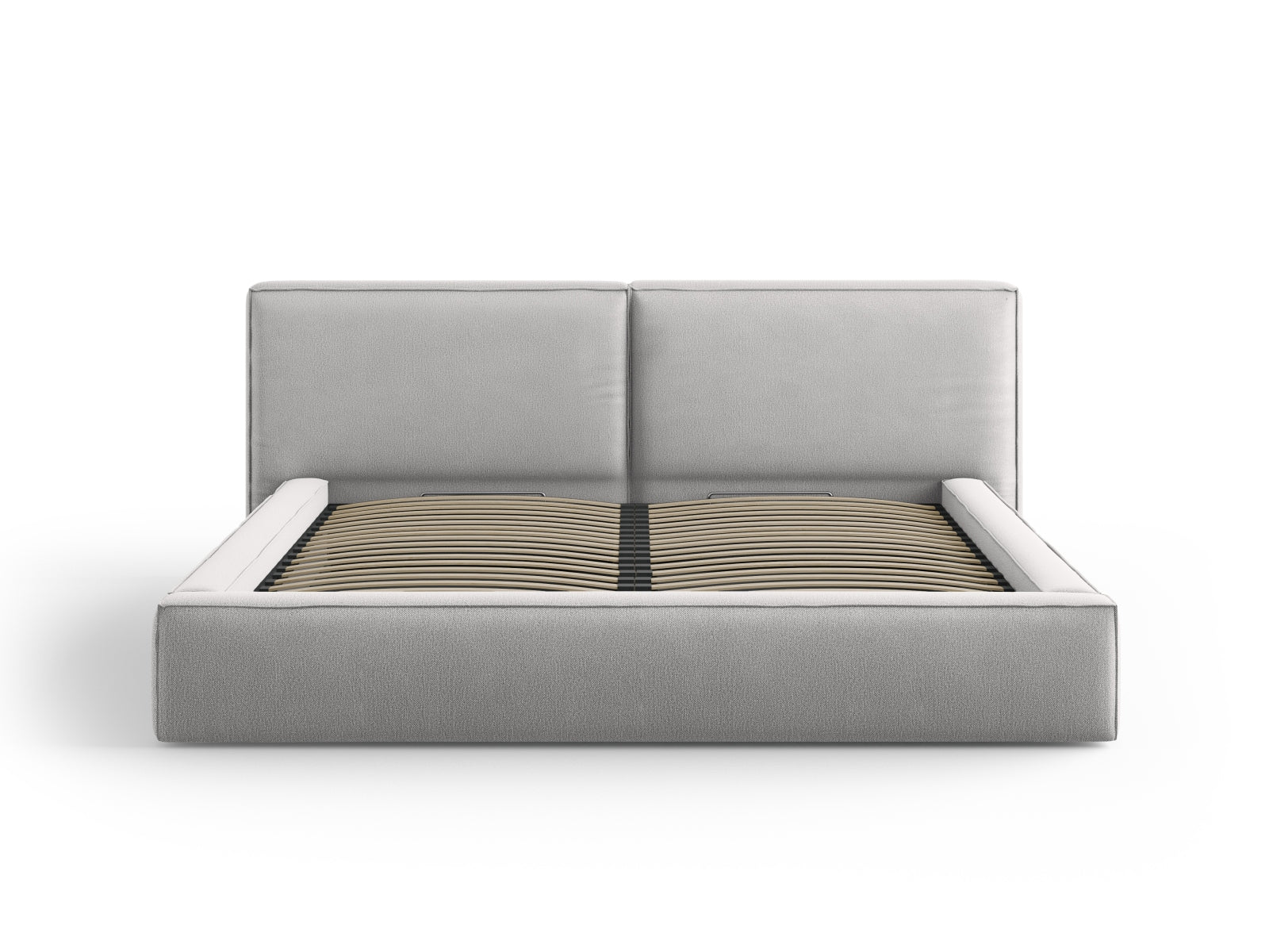 Elegantes Jodie Bett in Light Grey mit praktischem Stauraum und doppeltem Headboard, ideal für stilvolle Schlafzimmergestaltung.