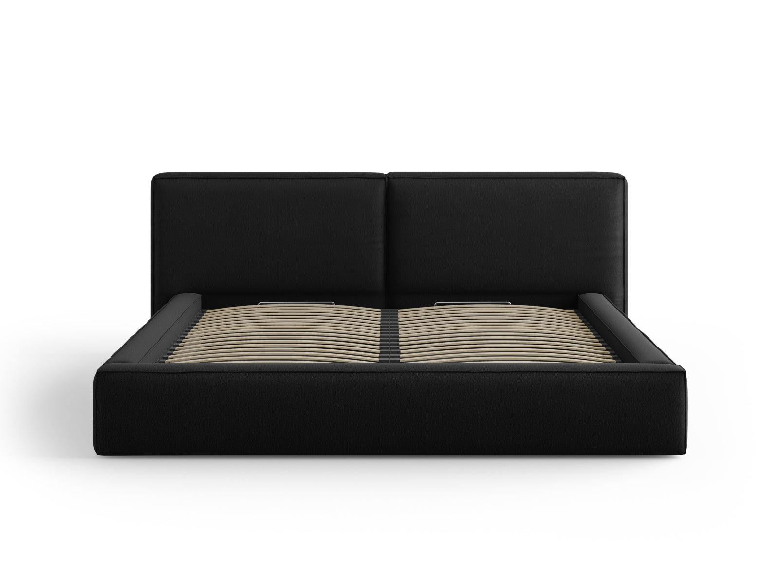 Elegantes Jodie Bett mit doppeltem Headboard und praktischer Stauraumfunktion in Schwarz, ideal für stilvolle Schlafzimmer.