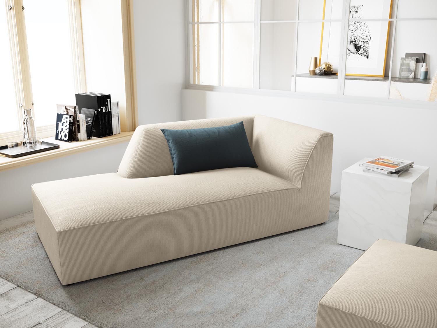 Elegantes Ruby Sofa Chaise Lounge links mit einem Sitz in sanftem Light Beige, ideal für stilvolle Wohnräume.