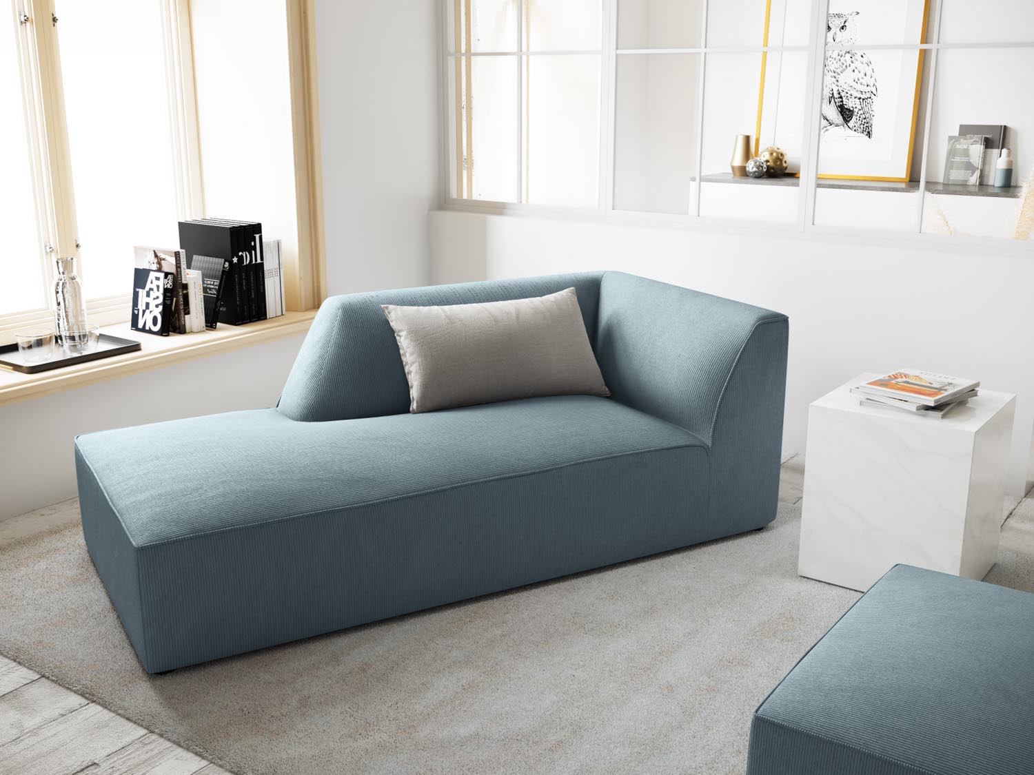 Elegantes Ruby Sofa Chaise Lounge links mit einem Sitz in sanftem Hellblau, ideal für stilvolle Wohnräume. Hochwertige Verarbeitung von Micadoni.