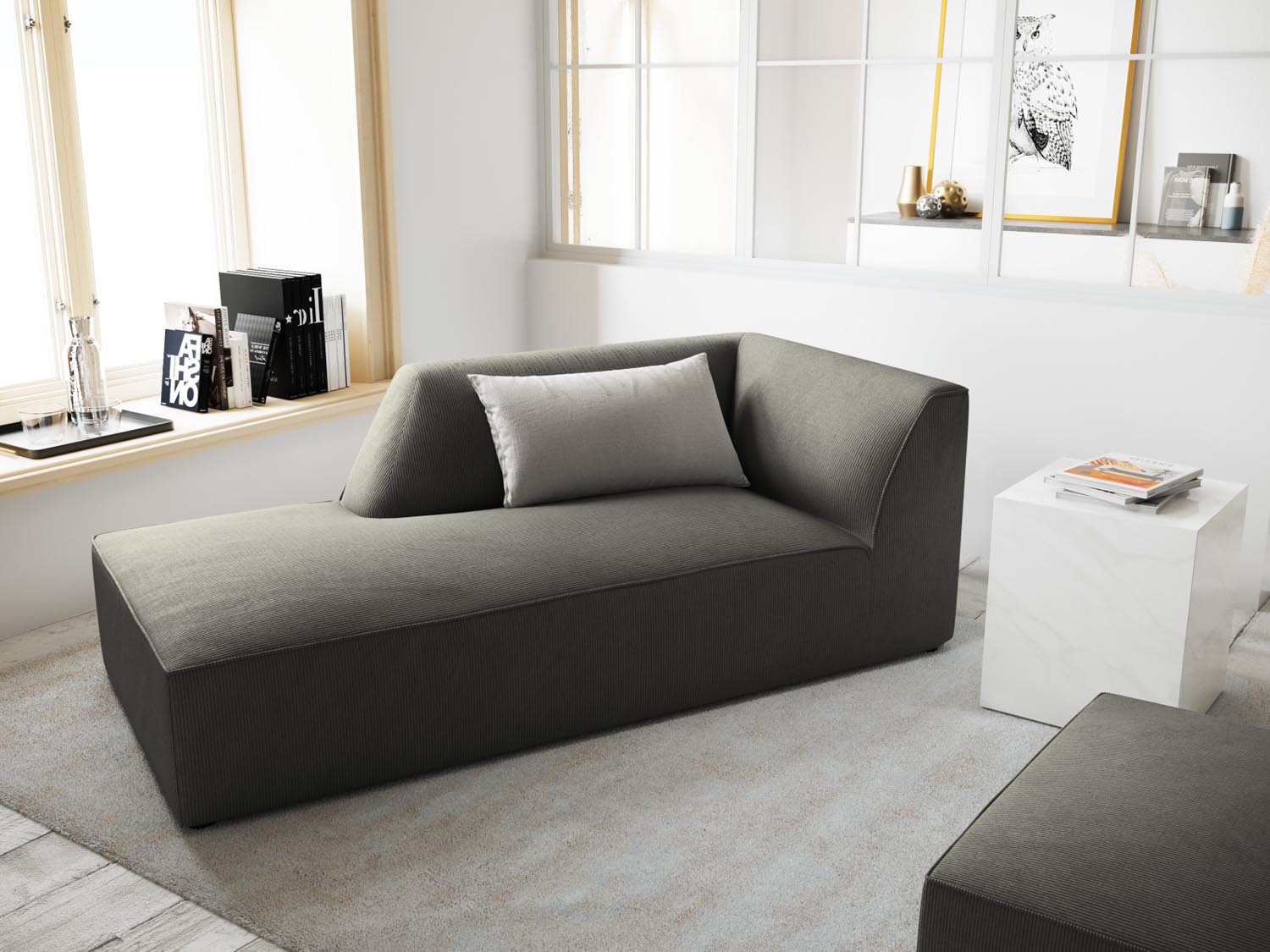 Elegantes Ruby Sofa Chaise Lounge links mit einem Sitz in hellem Grau, stilvoll präsentiert im modernen Wohnambiente.