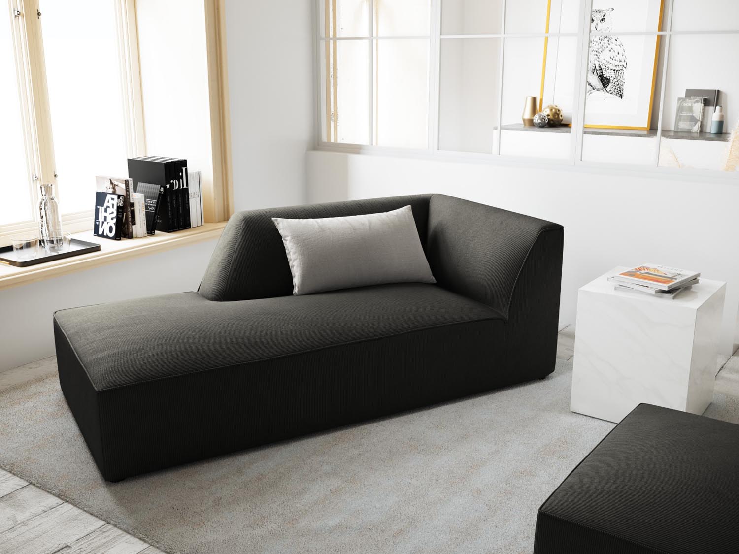 Elegantes Ruby Sofa Chaise Lounge links mit einem Sitz in Dunkelgrau, stilvoll inszeniert für modernes Wohndesign.