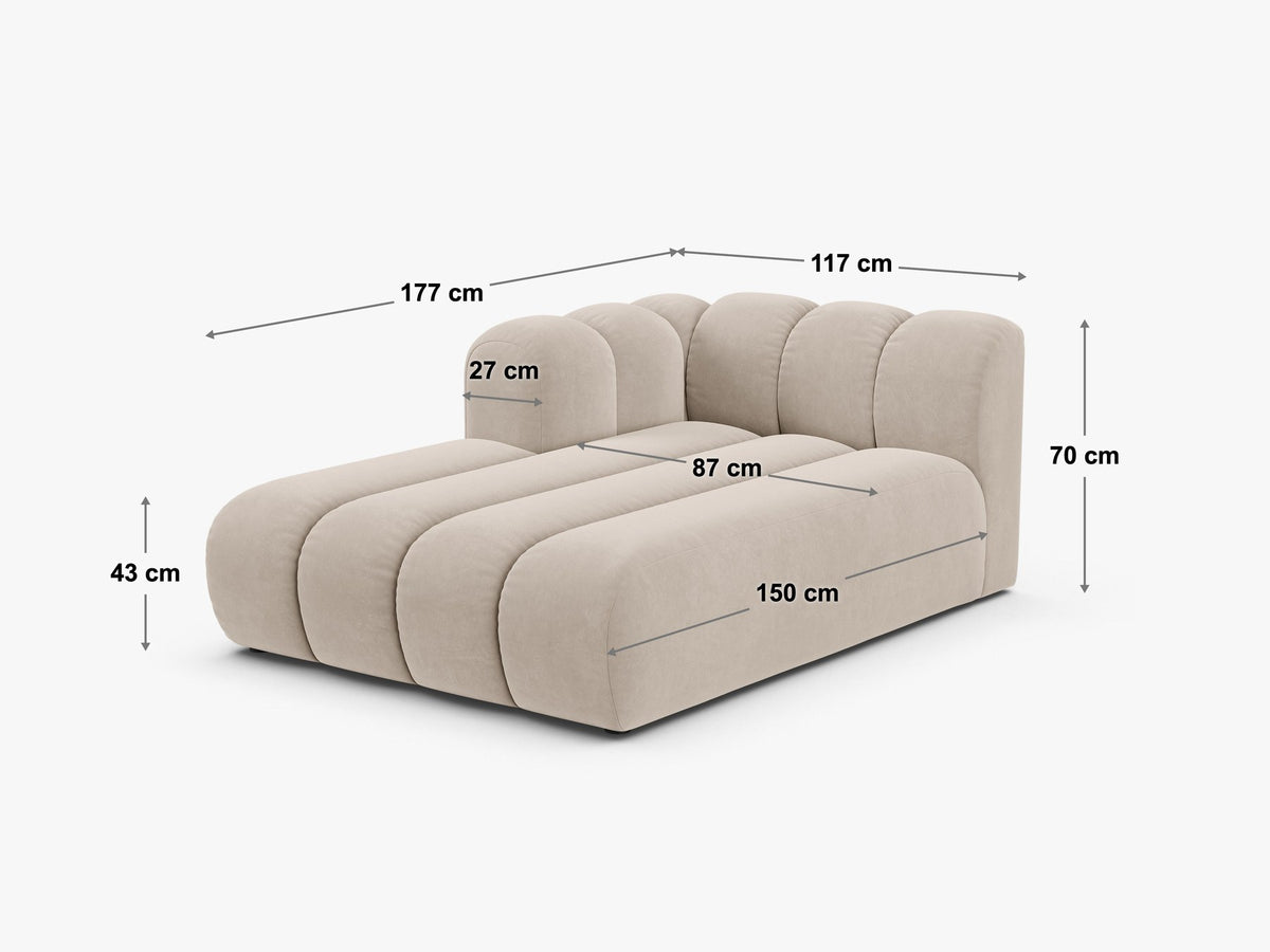 Chaiselongue-Modul Lupine von Micadoni in leichtem Beige, Venus-Samtstoff, schwarze Kunststoffbeine, Ausrichtung links, Teil eines Modularsofas.