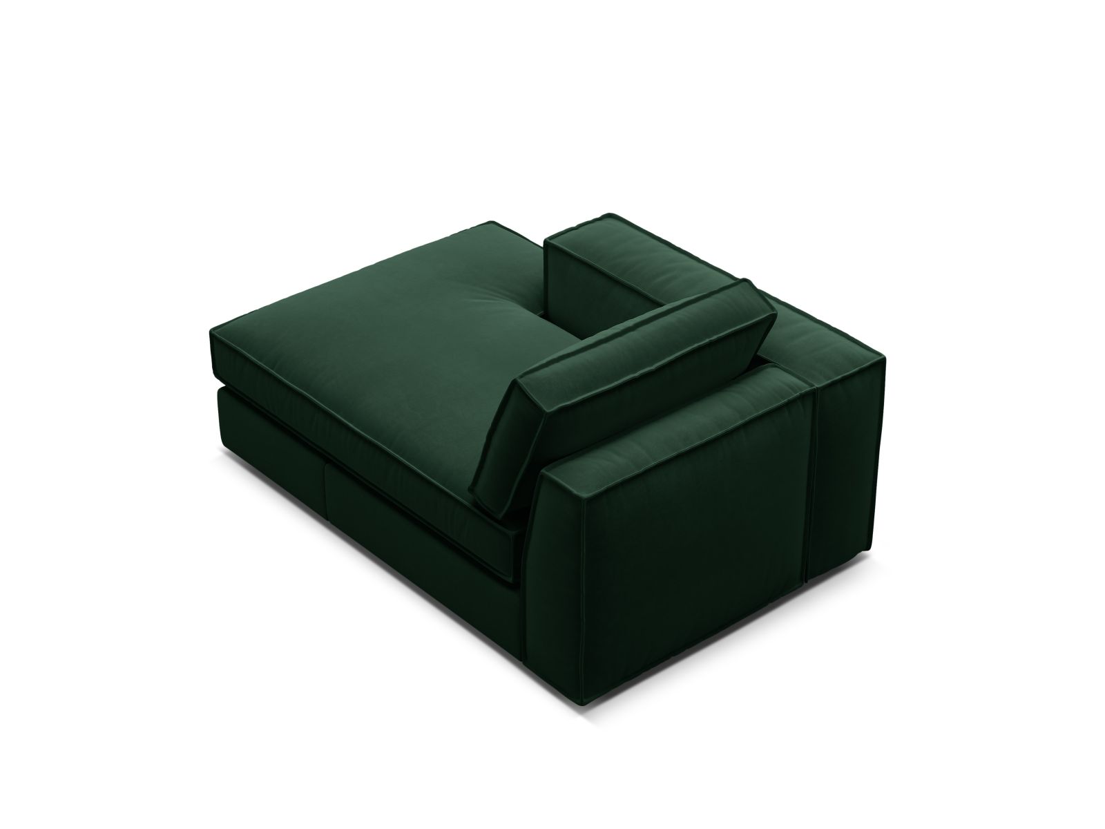 Elegante linke Chaise Longue Pola in tiefem Flaschengrün, ideal für stilvolle Wohnräume und entspannende Rückzugsorte.