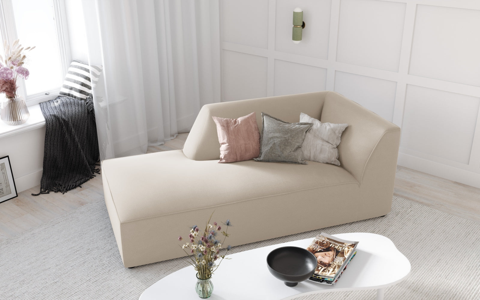 Elegantes Ruby Velour Sofa Chaise Lounge links mit einem modernen Design, ideal für stilvolle Wohnräume. Hochwertige Verarbeitung und Komfort.