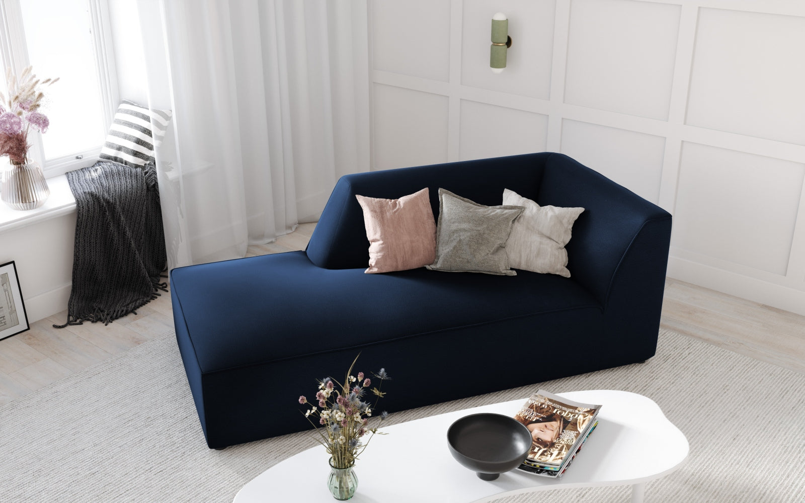Elegantes Ruby Velour Sofa Chaise Lounge links mit einem modernen Design, ideal für stilvolle Wohnräume, präsentiert in einem warmen Farbton.