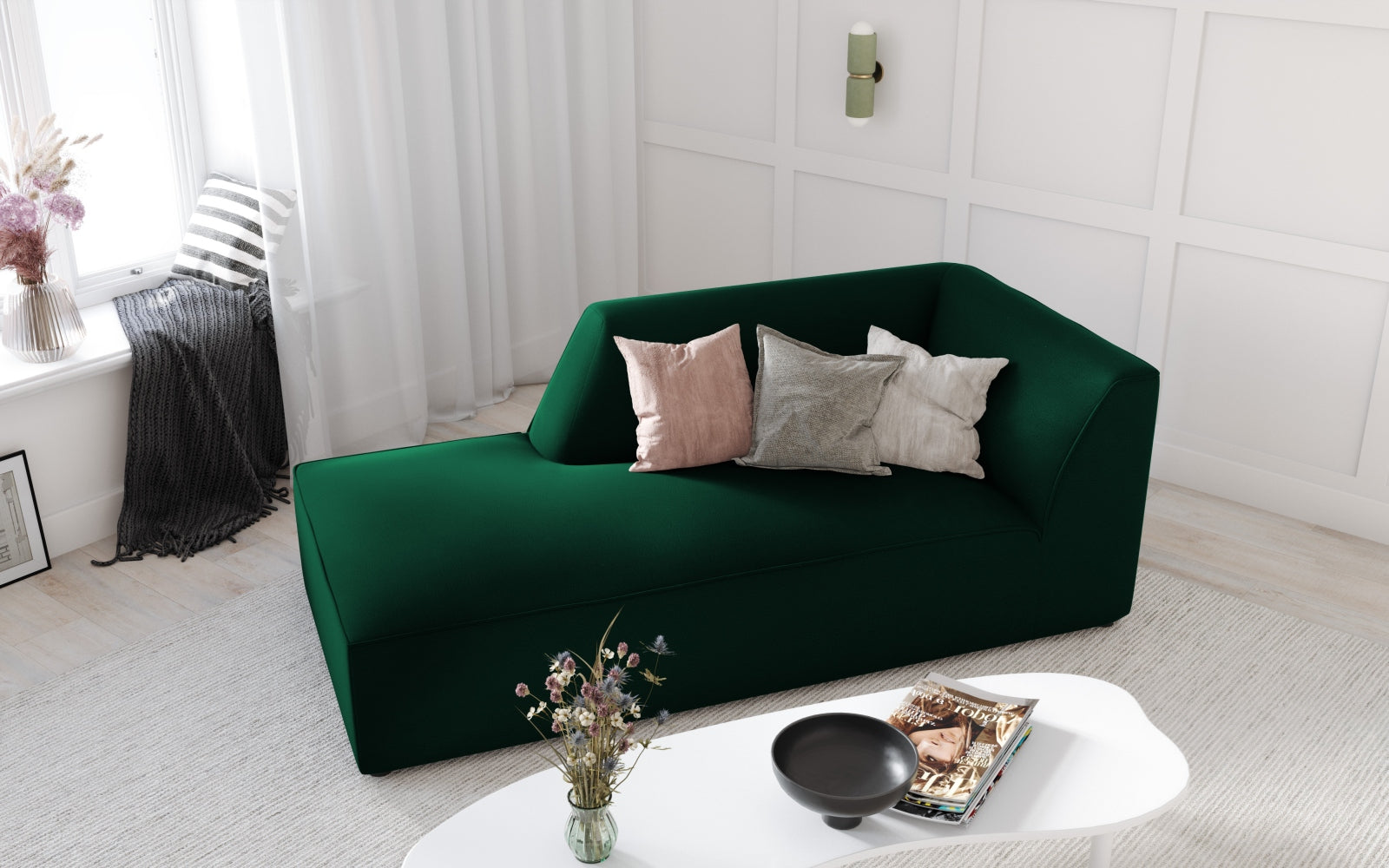 Elegantes Ruby Velour Sofa Chaise Lounge links mit luxuriösem Stoff in tiefem Rot, ideal für stilvolle Wohnräume.