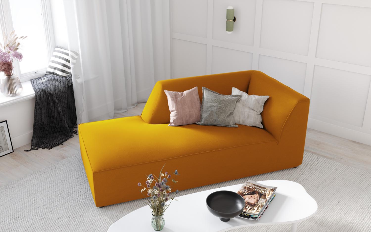 Elegantes Ruby Velour Sofa Chaise Lounge links mit luxuriösem Stoff und modernem Design, ideal für stilvolle Wohnräume.