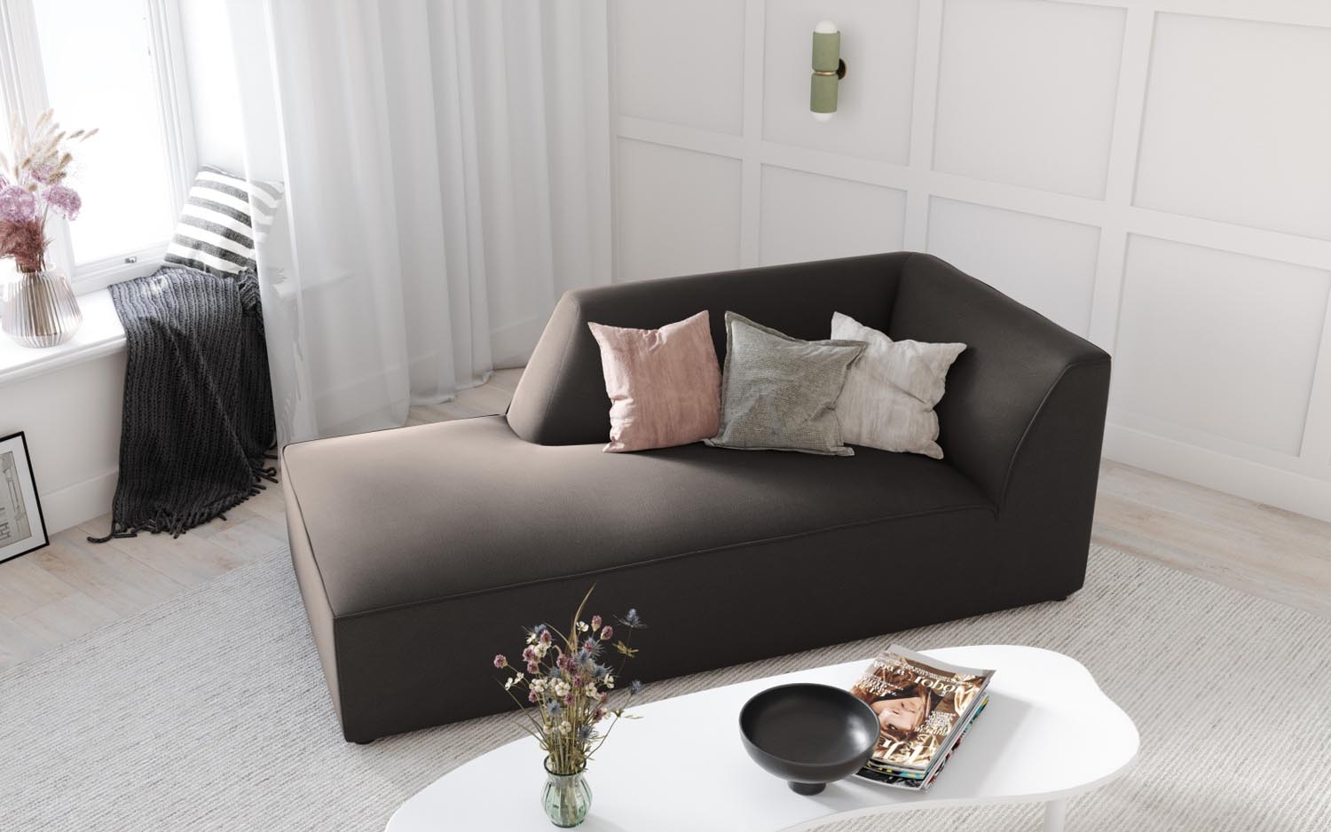 Elegantes Ruby Velour Sofa Chaise Lounge links mit einem modernen Design in Dunkelgrau, ideal für stilvolle Wohnräume.