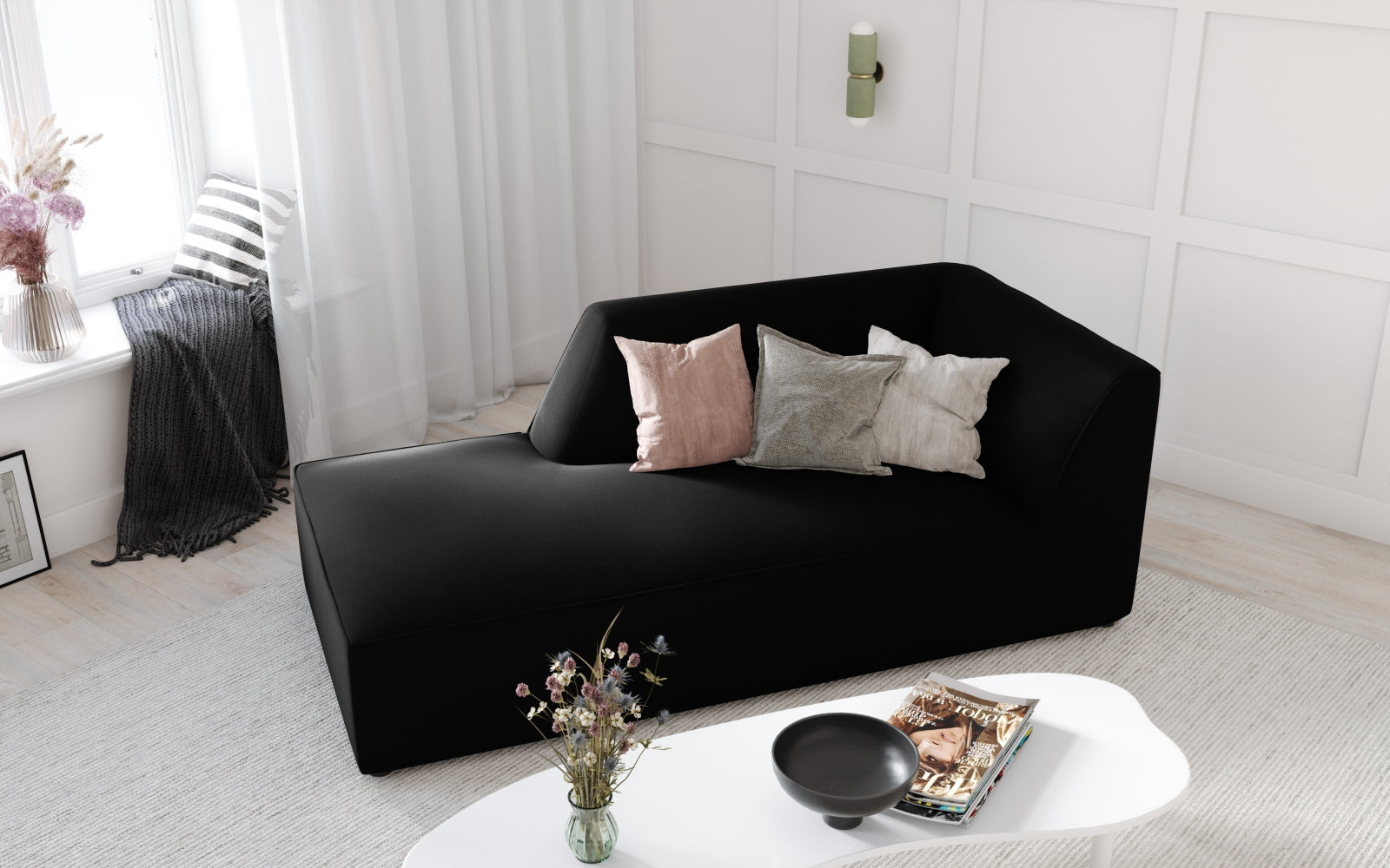 Elegantes Ruby Velour Sofa Chaise Lounge links mit luxuriösem Stoff und modernem Design, ideal für stilvolle Wohnräume.