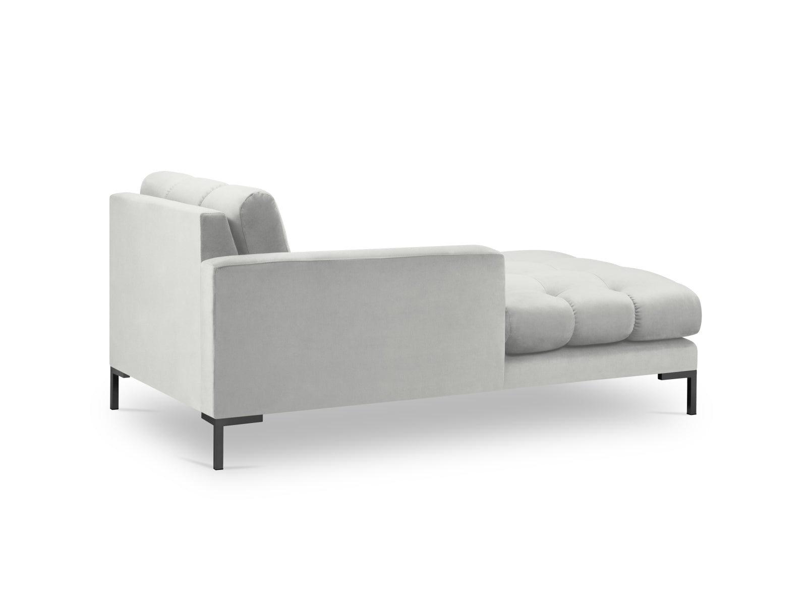 Stilvolles Mamaia Velour Sofa Chaise Lounge links, kombiniert Komfort und Eleganz in Silber und Schwarz, perfekt für jedes moderne Zuhause.